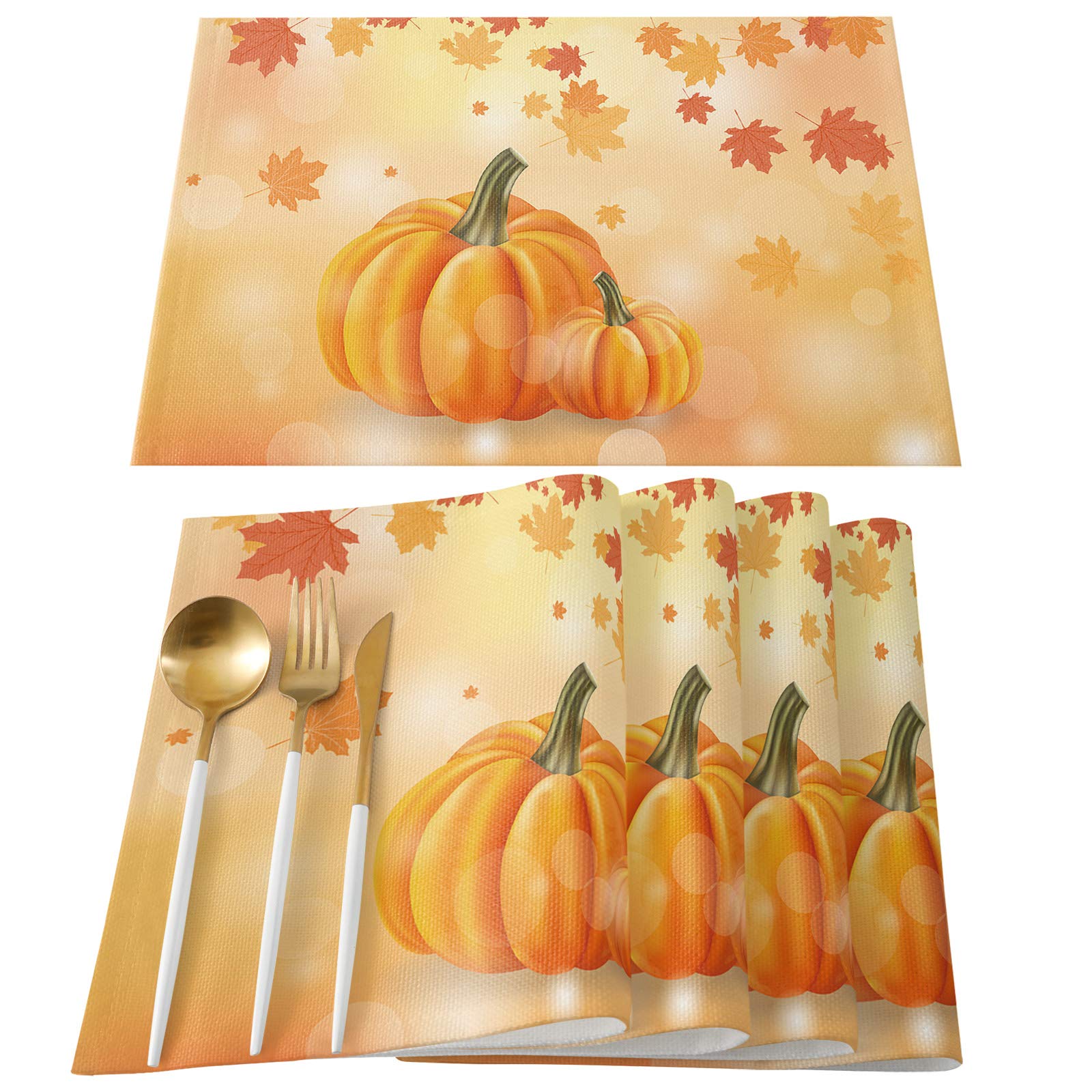 Thanksgiving Placemats Set of 4 - Maple Leaf Pumpkin Autumn Fall Table Mats for Dining, Washable & Durable for Indoor Outdoor Use - Perfect for Holiday Decor, Home Parties, Weddings & Thanksgiving Gatherings