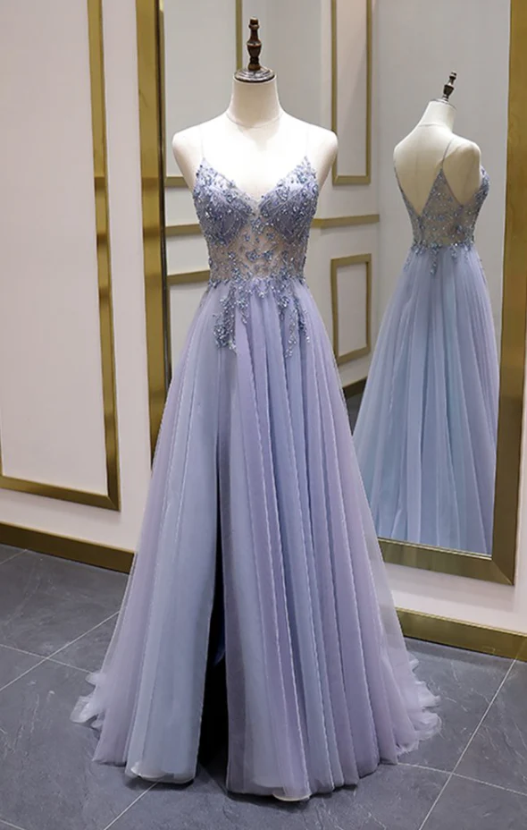 Elegant A-Line Spaghetti Strap Long Prom Dress in Lavender - Perfect for Evening Parties, Homecoming & Formal Events | Style J3810