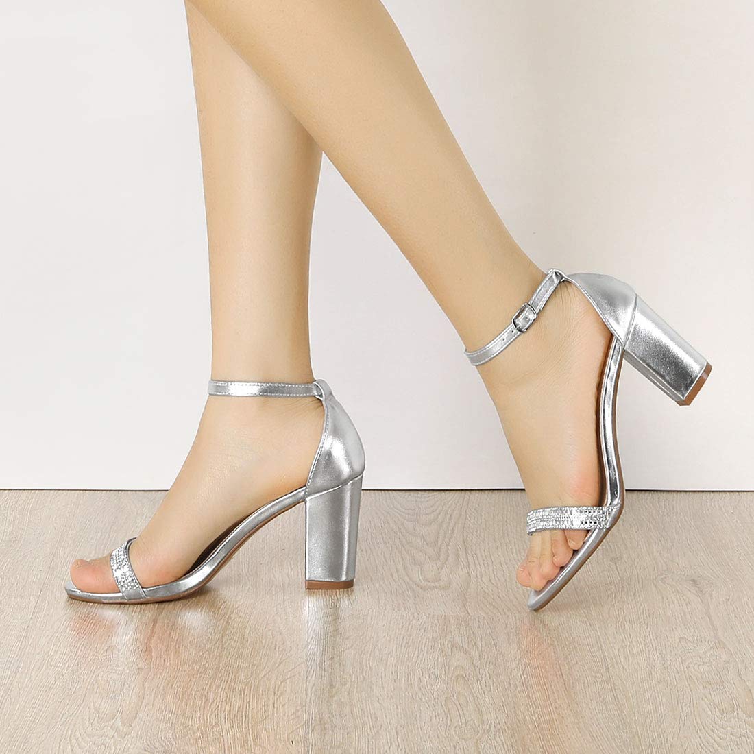 Allegra K Women's Rhinestone Ankle Strap Chunky Heel Sandals - Elegant Party Shoes for Weddings, Prom & Evening Events