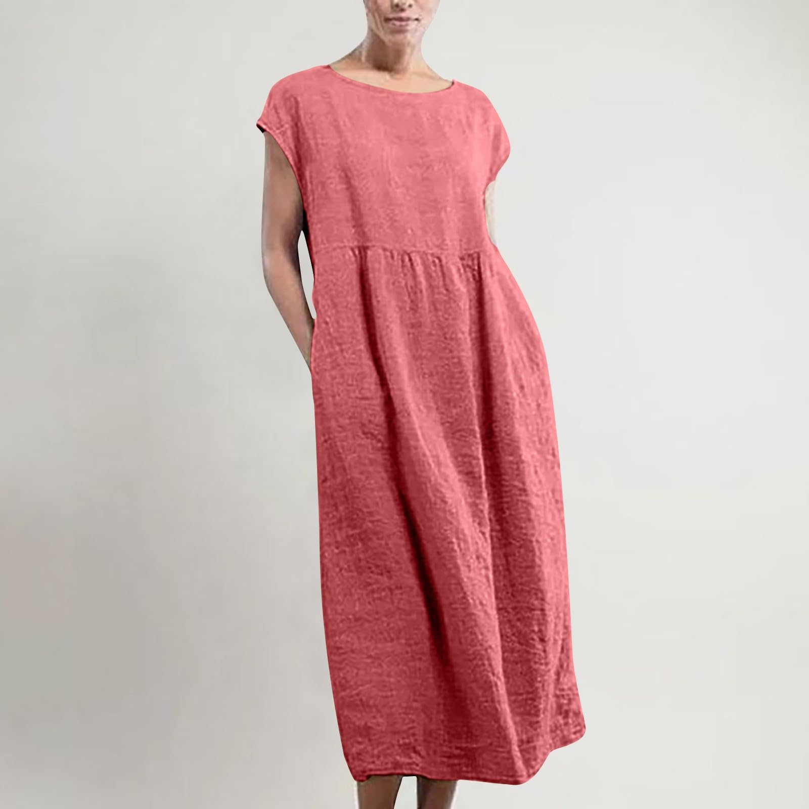NaRHbrg Women's Long Sleeveless Maxi Dress - Summer Cotton Linen Kaftan with Pockets | Casual Beach Wear, Vacation Outfit, Boho Chic Style