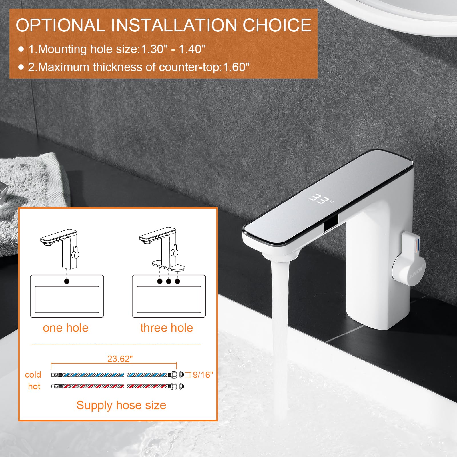 RUVIDA Smart Sensor Bathroom Faucet with Digital Temperature Display - Single Hole Waterfall Basin Faucet for Bathroom Sink - Modern White Touchless Faucet for Home, Hotel, and Public Restrooms