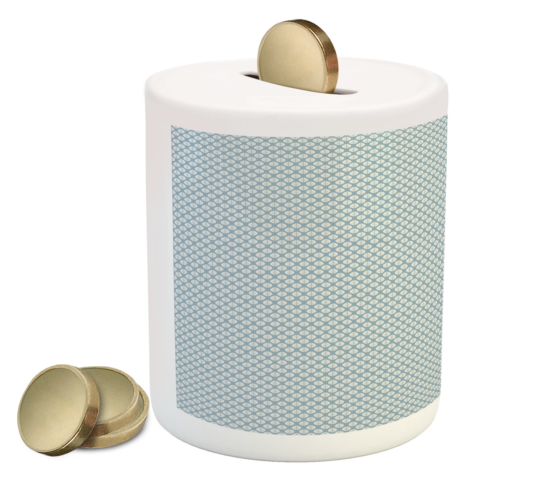 Ambesonne Ceramic Piggy Bank - Blue & White Doodle Foliage Pattern with Pastel Tropical Leaves | Money Saving Coin Bank for Kids & Adults | Perfect for Home Decor, Birthday Gifts & Cash Savings