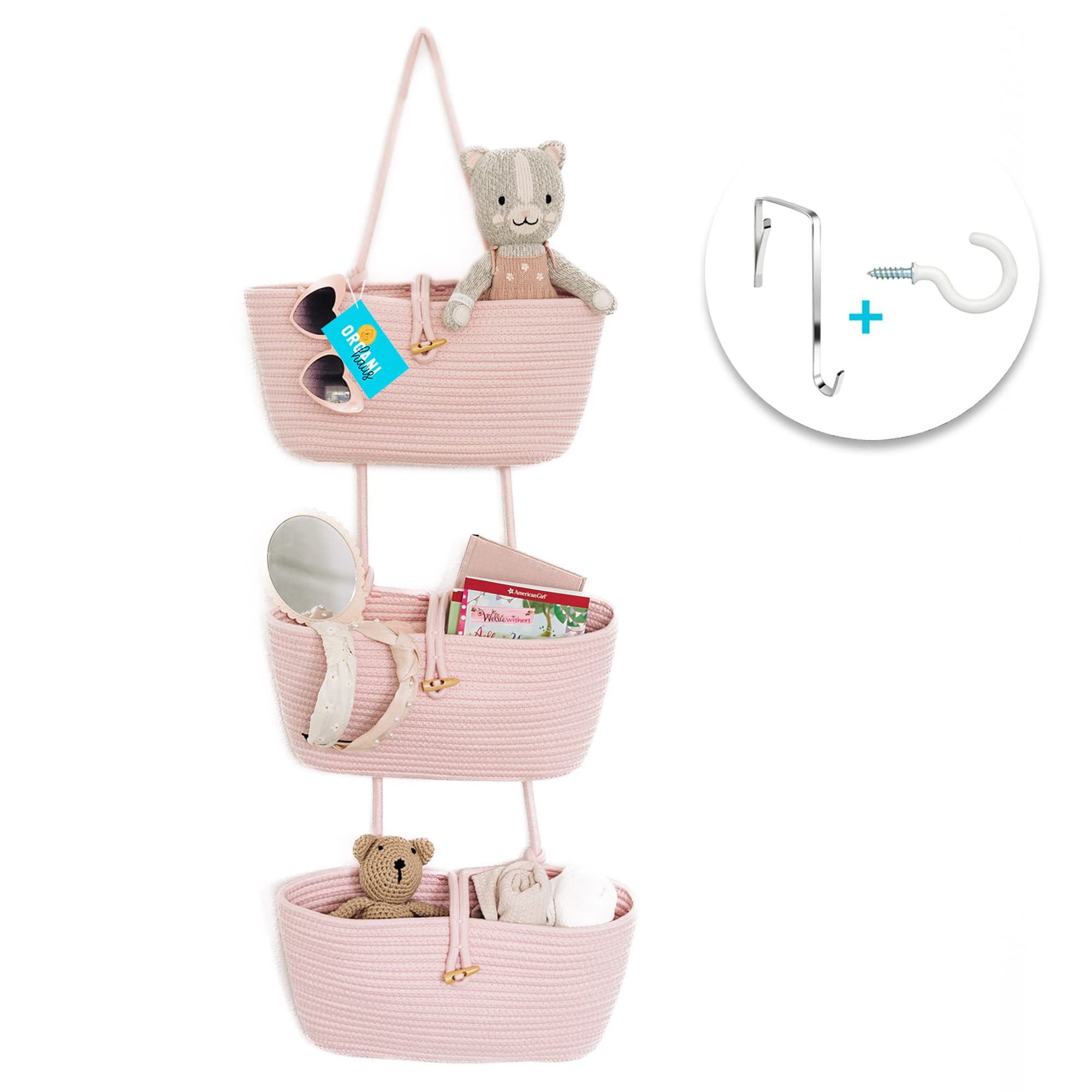 OrganiHaus Pink 3-Tier Wall Hanging Storage Baskets | Woven Wall Organizer for Closet, Nursery & Home Decor | Over the Door Hanging Basket | Perfect for Bedroom, Bathroom & Kitchen Organization