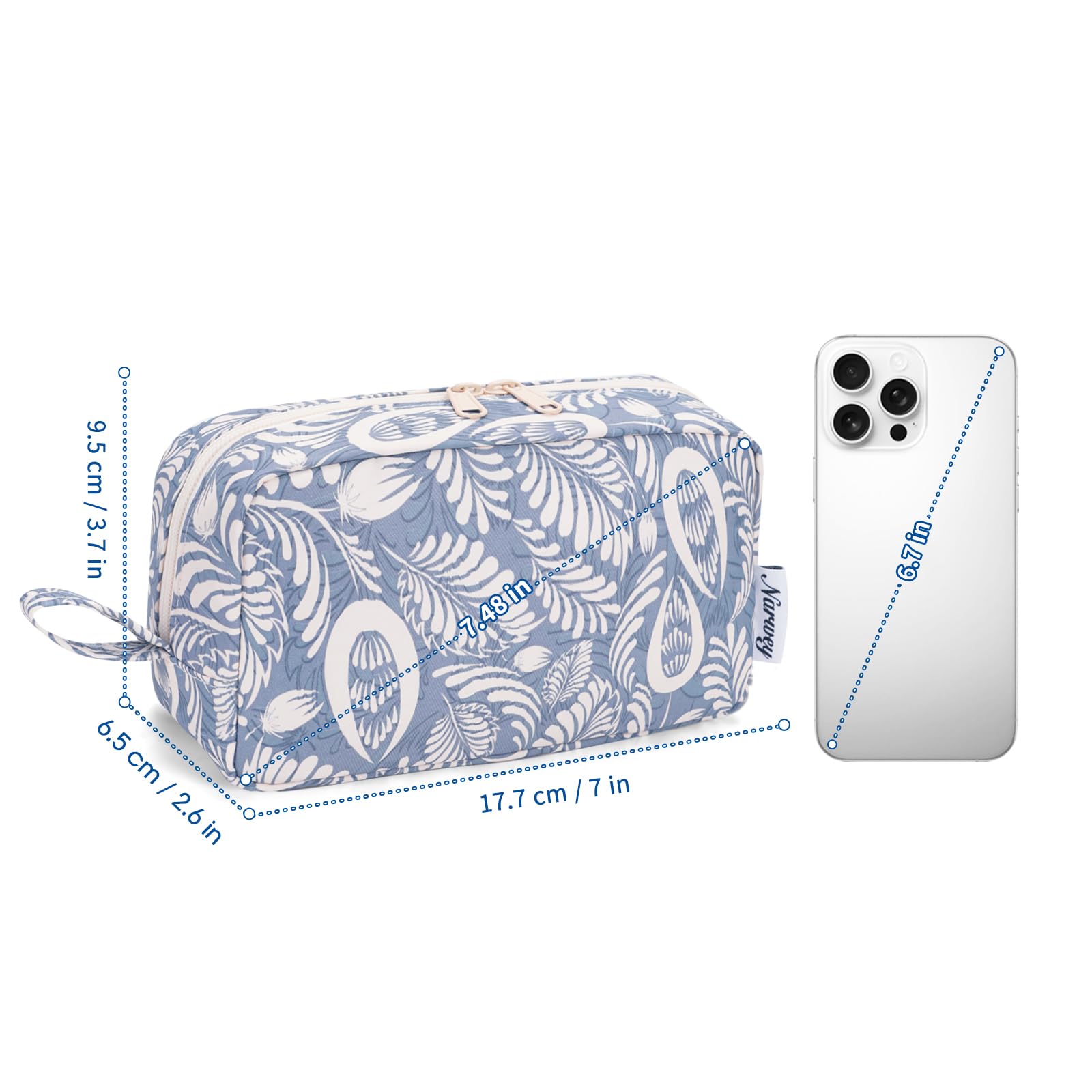 Narwey Small Cosmetic Bag for Women | Travel Mini Makeup Pouch with Zipper & Organized Pockets | Cute Purse Organizer for Cosmetics, Toiletries & Jewelry | Perfect for Travel, Daily Use & Gift Giving (Blue Leaf Design)
