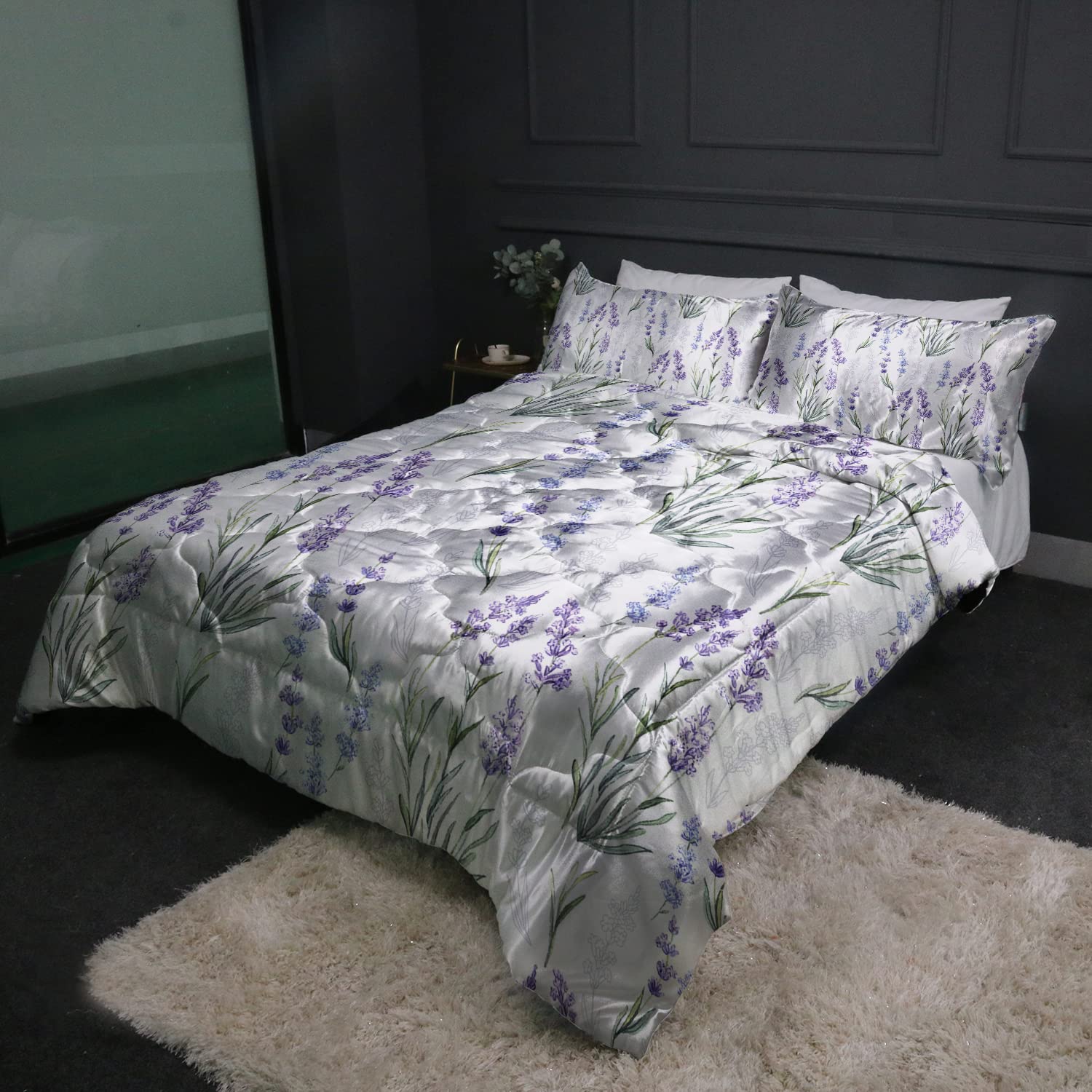 BlessLiving Watercolor Lavender Satin Comforter Set - 3 Piece Botanical Silky Soft Bedding Set for Twin/Twin XL Size | Luxurious Satin Bedding for Cozy Bedroom Decor & Guest Room Upgrade