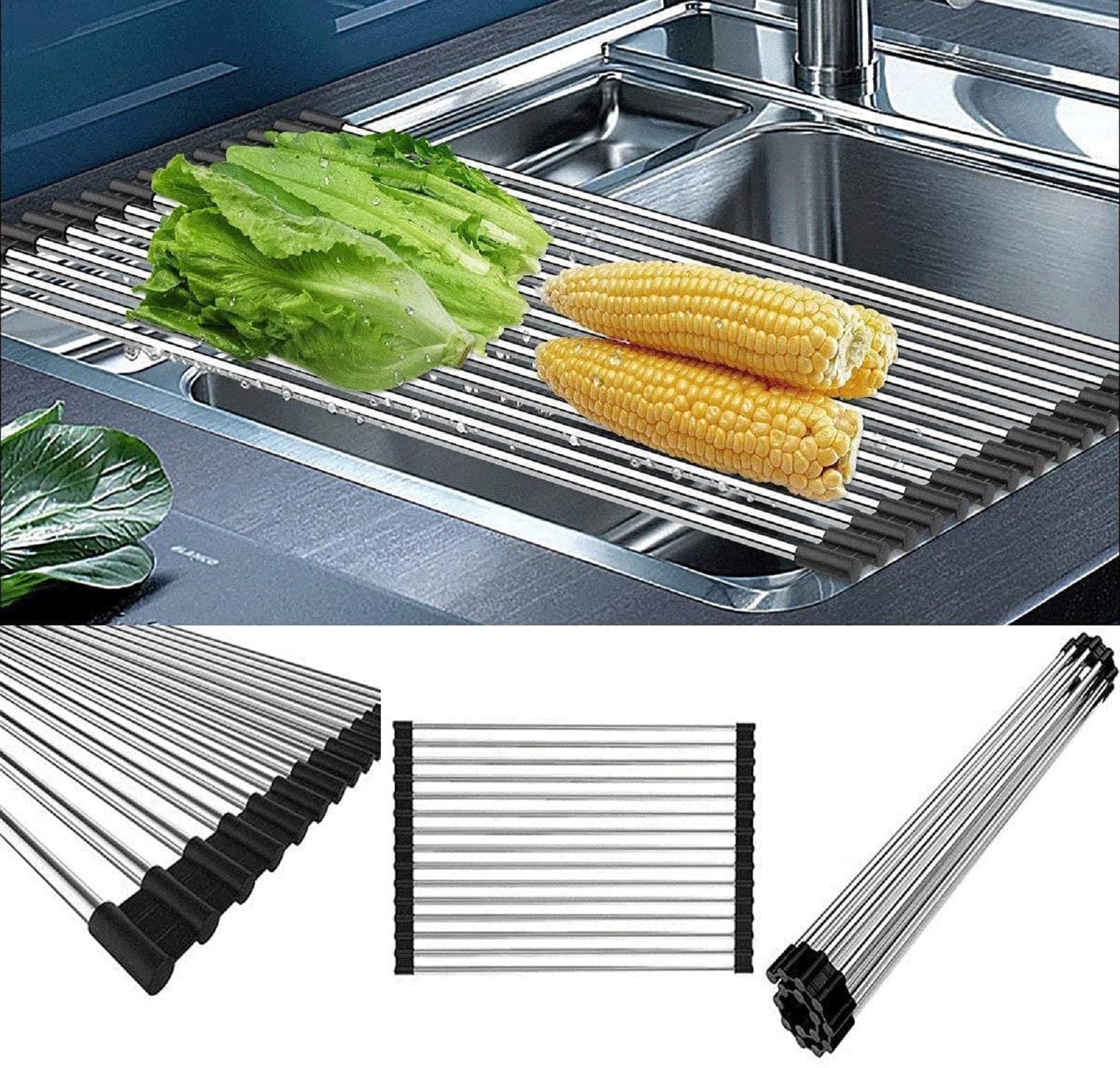Portable Stainless Steel Roll Up Dish Drying Rack - Over The Sink Space Saving Kitchen Organizer (17.7