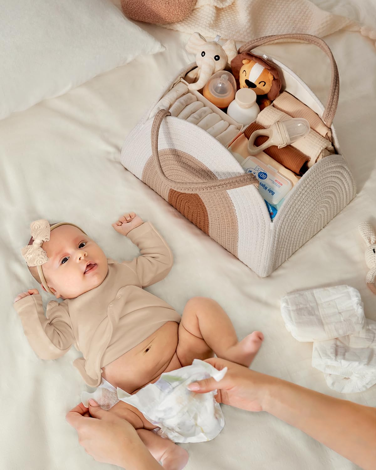 Blissful Diary Baby Diaper Caddy Organizer - Cotton Rope Storage Basket for Newborn Boys & Girls | Large Nursery Organizer for Diapers, Wipes & Baby Essentials | Perfect Baby Shower Gift & Newborn Must-Have in Earthy Rainbow Design | Ideal for Nursery, Bedroom & On-the-Go Parenting