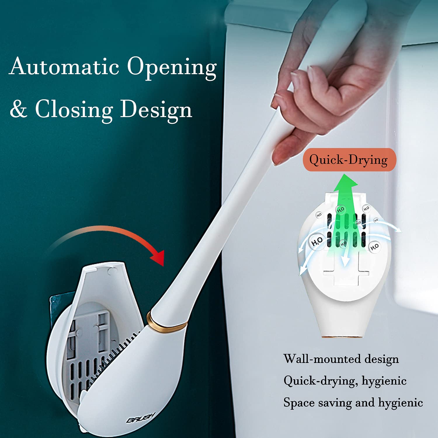 Automatic Opening & Closing Silicone Water Drop Toilet Brush Set with Wall-Mounted Holder - Bathroom Cleaning Tool for Toilet Bowl, White - Perfect for Small Spaces & Hygienic Bathroom Maintenance