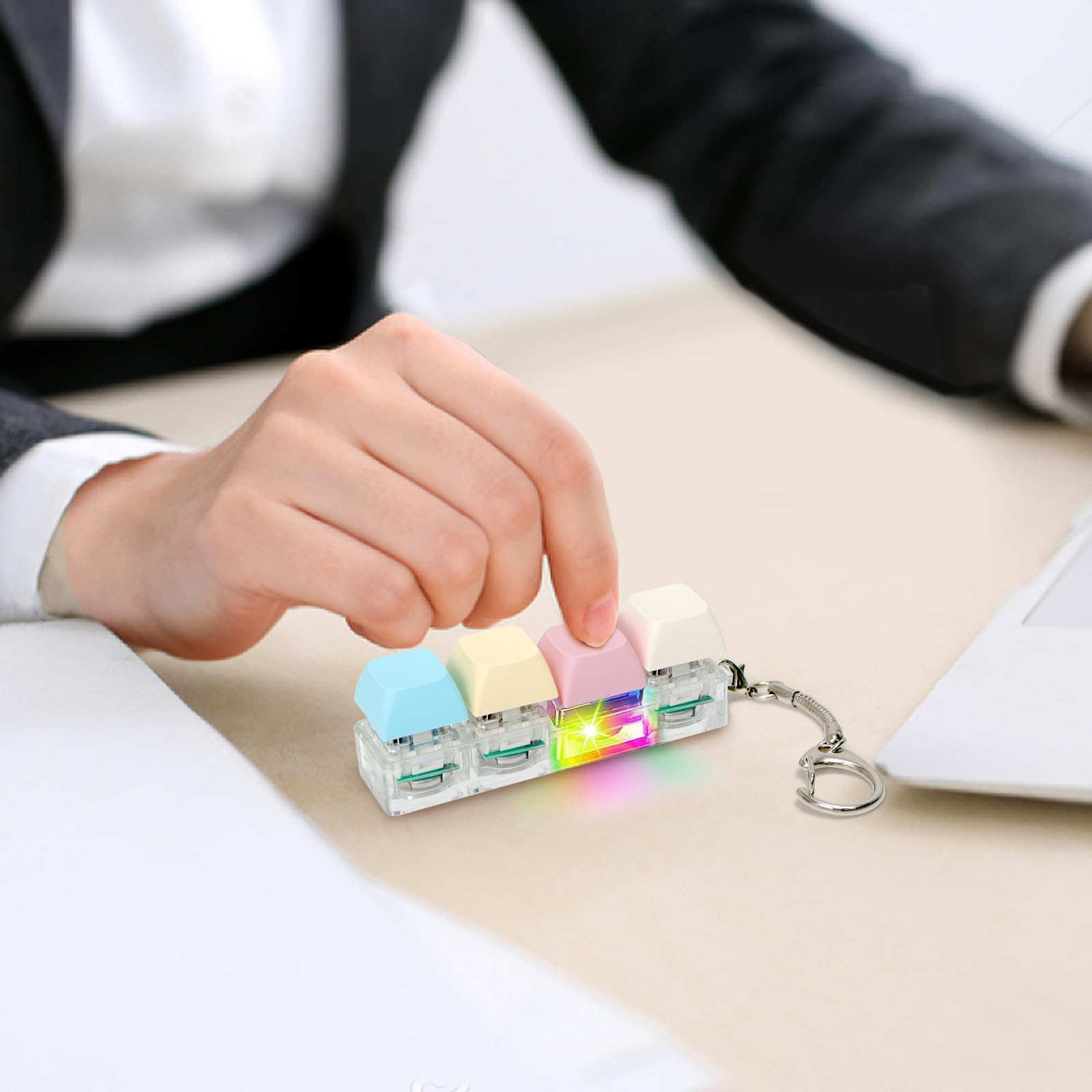 LED Light Keyboard Fidget Toys for Adults - 4 in 1 Sensory Clicker Keychain for Anxiety Relief & Stress Decompression (Macaroon Style) - Perfect for Office, Travel, and Classroom Focus