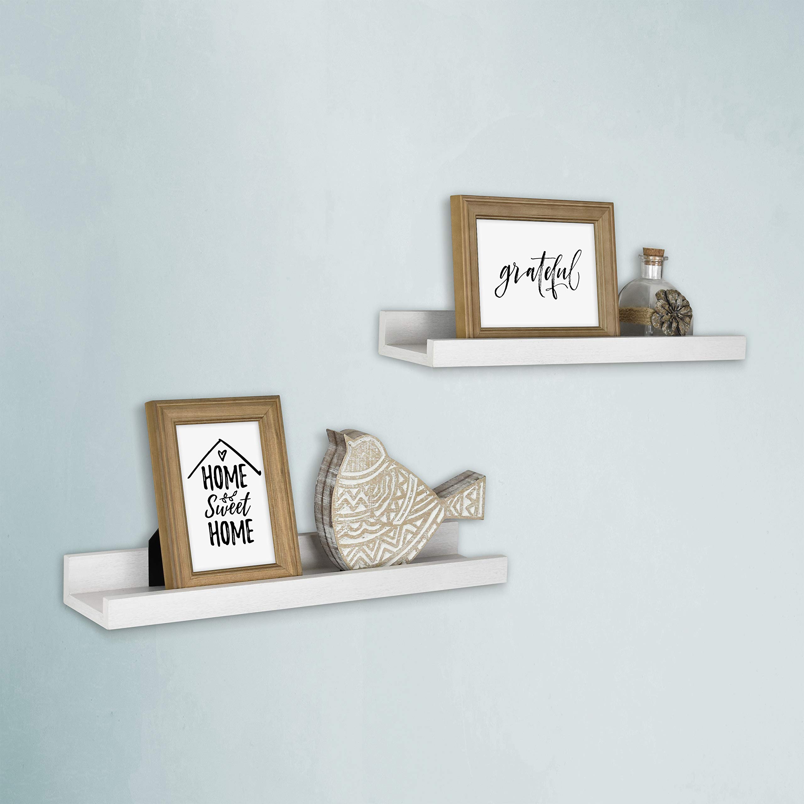 MCS 18 Inch White Woodgrain Floating Picture Ledge Shelf - Set of 2 - Modern Wall Decor for Living Room, Bedroom & Office - Perfect for Displaying Photos, Art & Collectibles