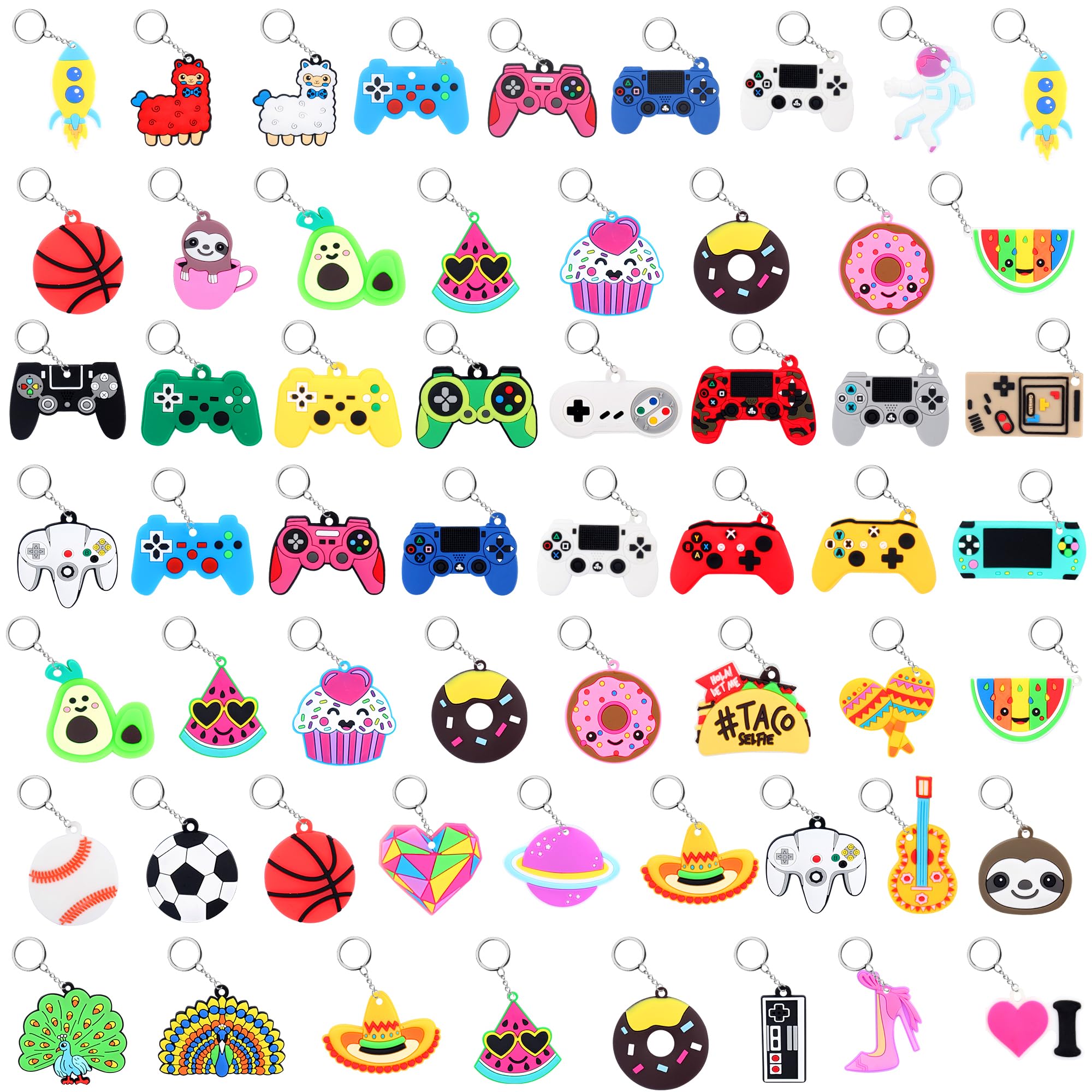 58Pcs Video Game Keychains for Kids - Cartoon Donut Keychains Bulk, Glow in The Dark Backpack Charms, Classroom Prizes, Birthday Party Favors, Perfect for Gifts, School Events & Party Supplies