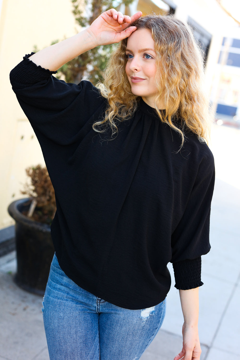 Black Smocked Three-Quarter Sleeve Tie Back Top for Women | Elegant Blouse for Date Night, Brunch & Summer Outfits | Flattering Casual & Dressy Tops