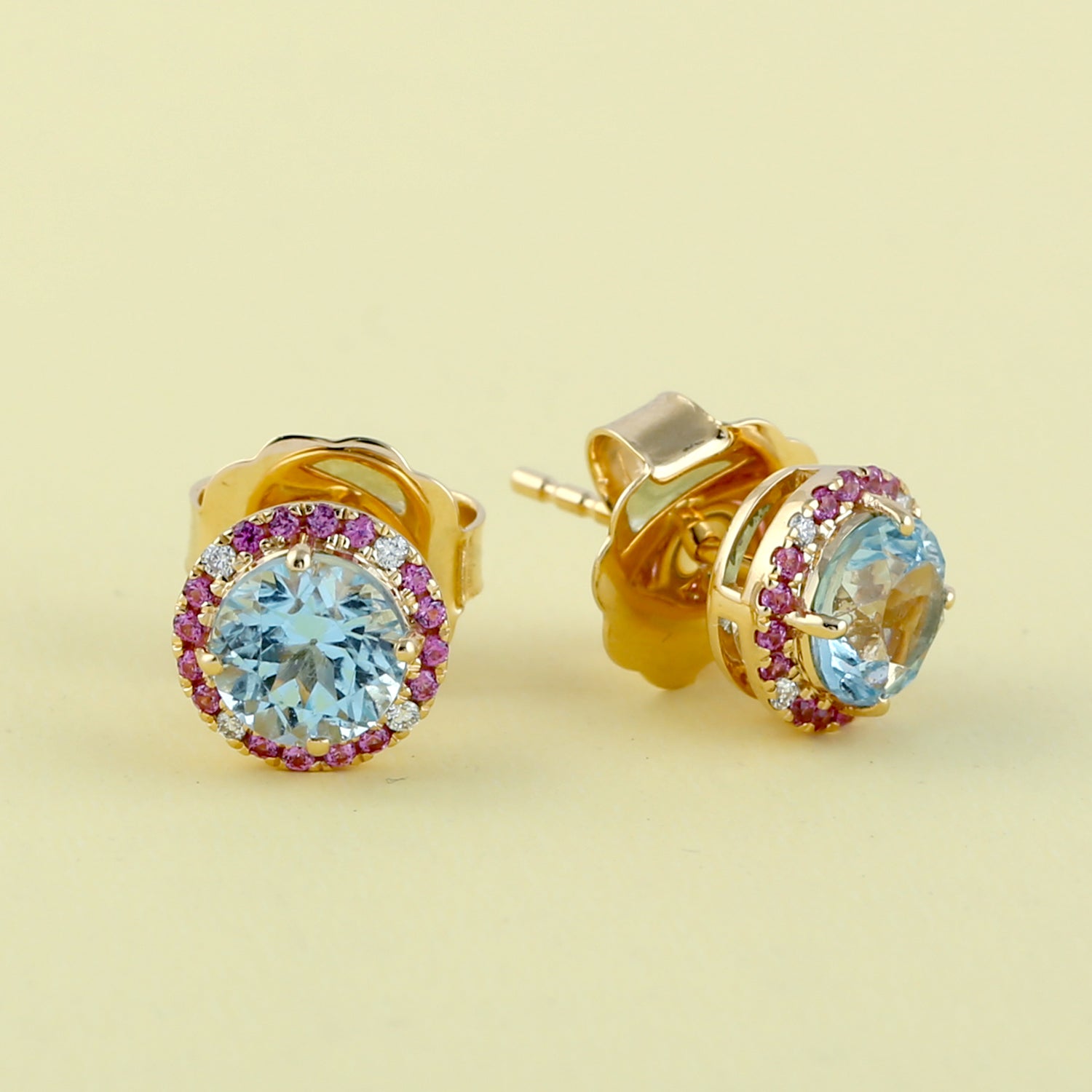 18k Yellow Gold Blue Topaz & Pink Sapphire Diamond Stud Earrings for Women - Elegant Gift for Weddings, Anniversaries & Special Occasions
