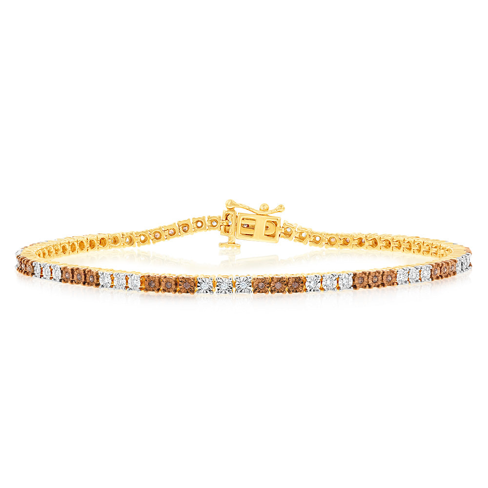 14K Gold Plated Sterling Silver 19cm Diamond Bracelet - 1/4 Carat White & Champagne Diamonds | Elegant Jewelry Gift for Women, Perfect for Weddings, Anniversaries & Special Occasions