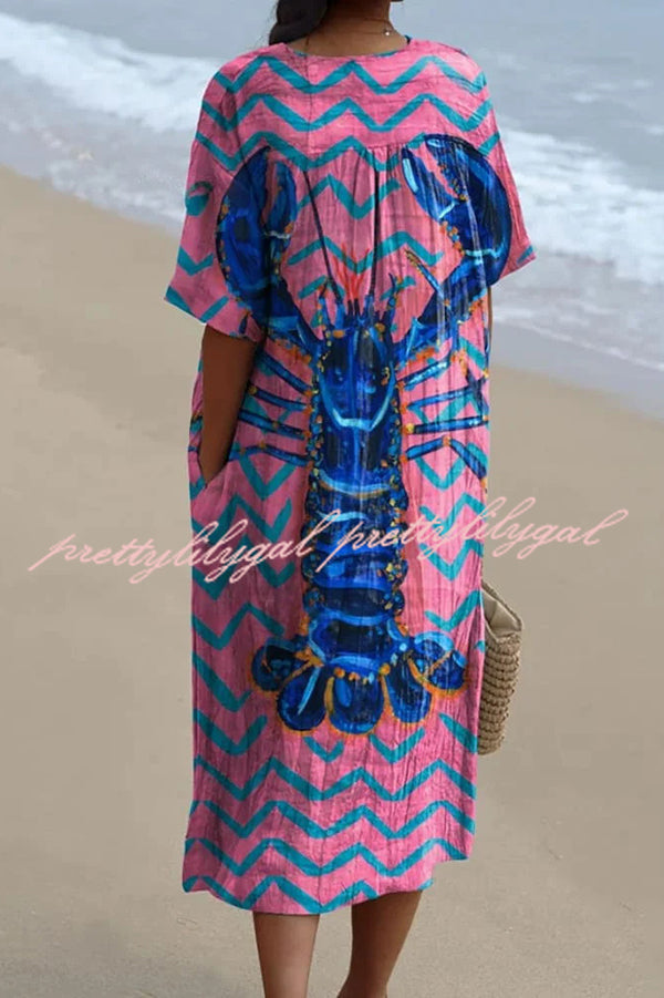 Stylish Marine Print V-Neck Short Sleeve Midi Dress for Women | Beach Vacation, Summer Party & Casual Outfit