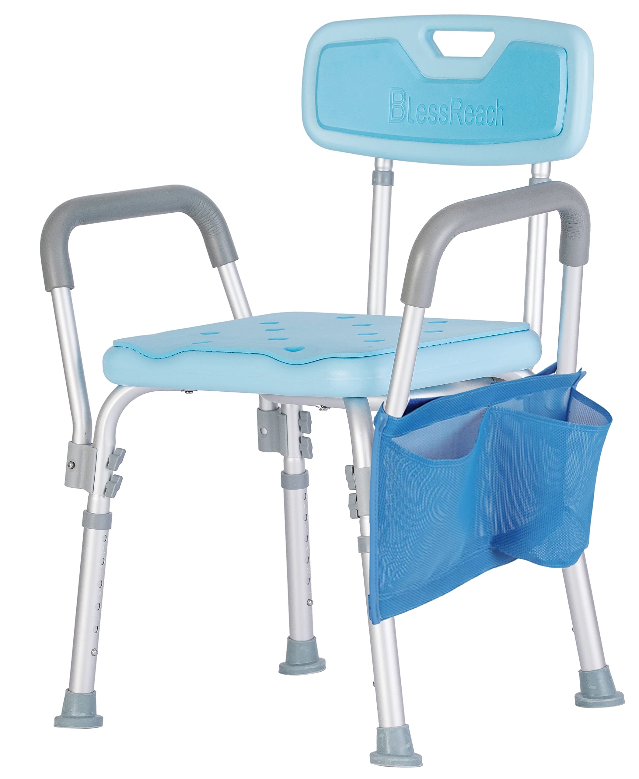 **BlessReach Adjustable Portable Shower Chair with Arms - Lightweight & Easy to Assemble Shower Bench Seat for Elderly & Disabled - Non-Slip Bathroom Safety Aid (Blue) - Perfect for Home, Hospital & Travel Use**