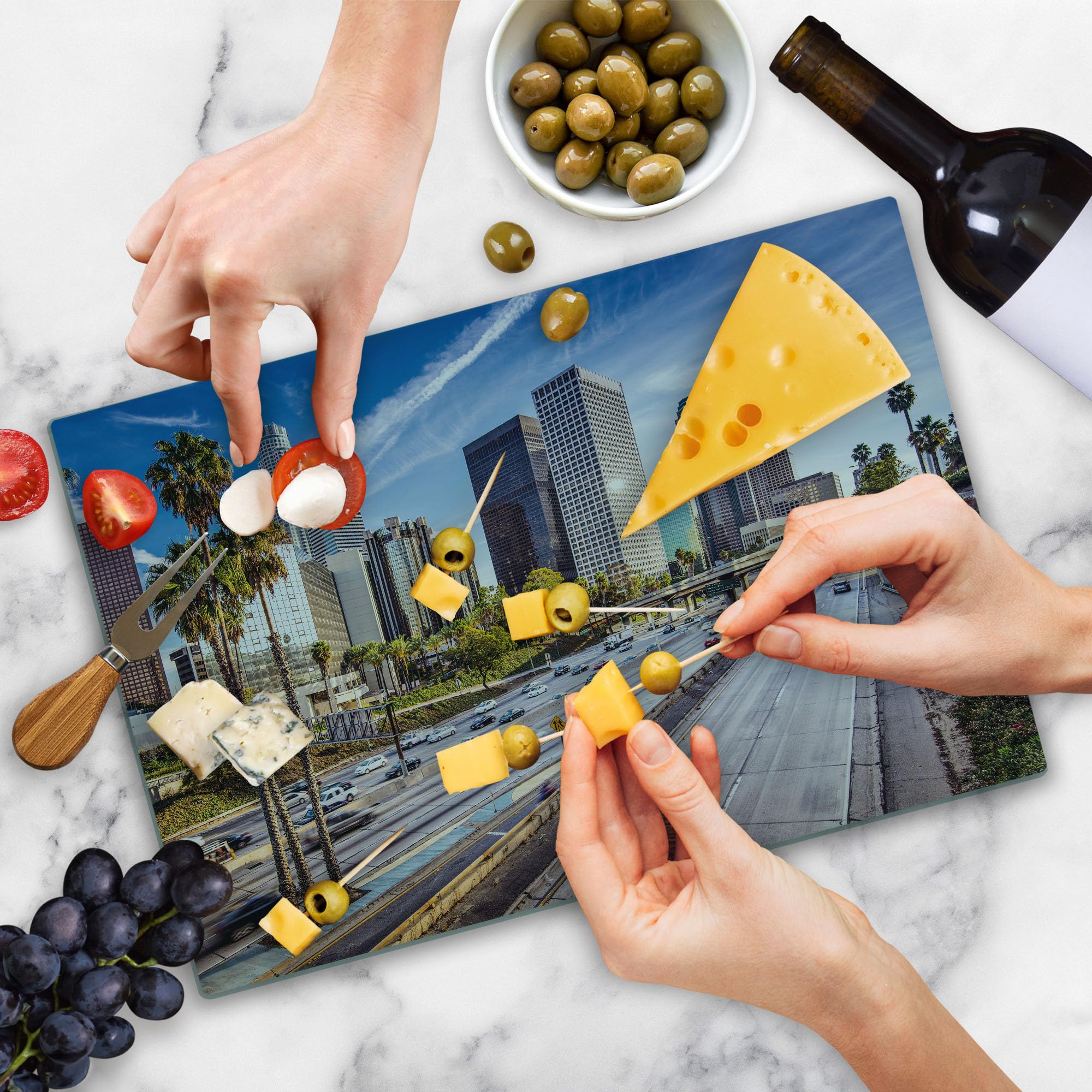 Ambesonne Tempered Glass Cutting Board - Los Angeles Cityscape Print, Large Decorative Serving Board for Kitchen & Dining, Blue Grey Green Design - Perfect for Entertaining, Gifts & Home Decor