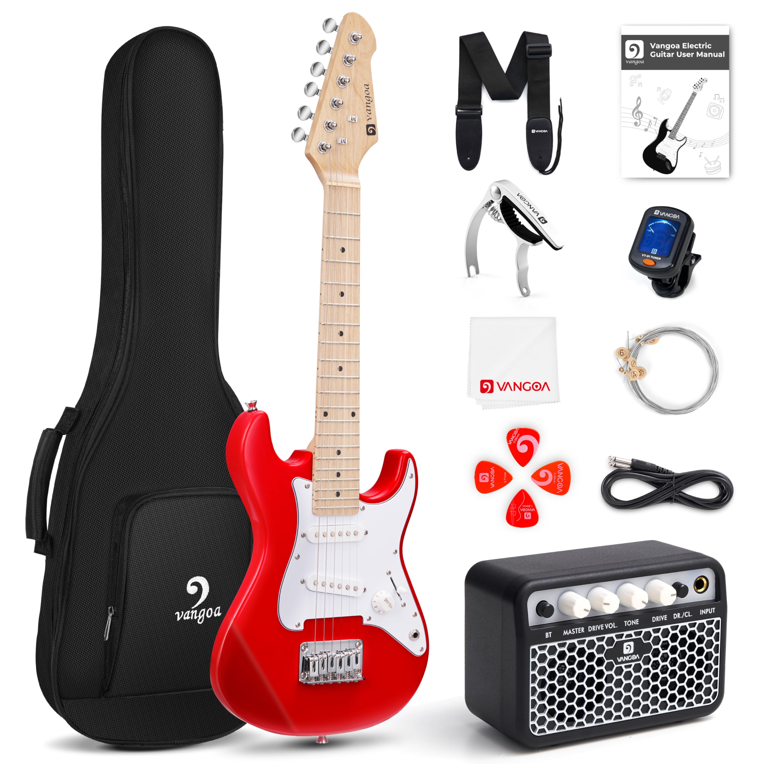 Vangoa 30 Inch Kids Electric Guitar Beginner Kit with Amp, Bag, Strap, Strings, Capo, Tuner, Picks & Cable - Perfect for Boys & Girls Learning Guitar (Red) - Ideal for Home Practice, Music Lessons & Rockstar Performances