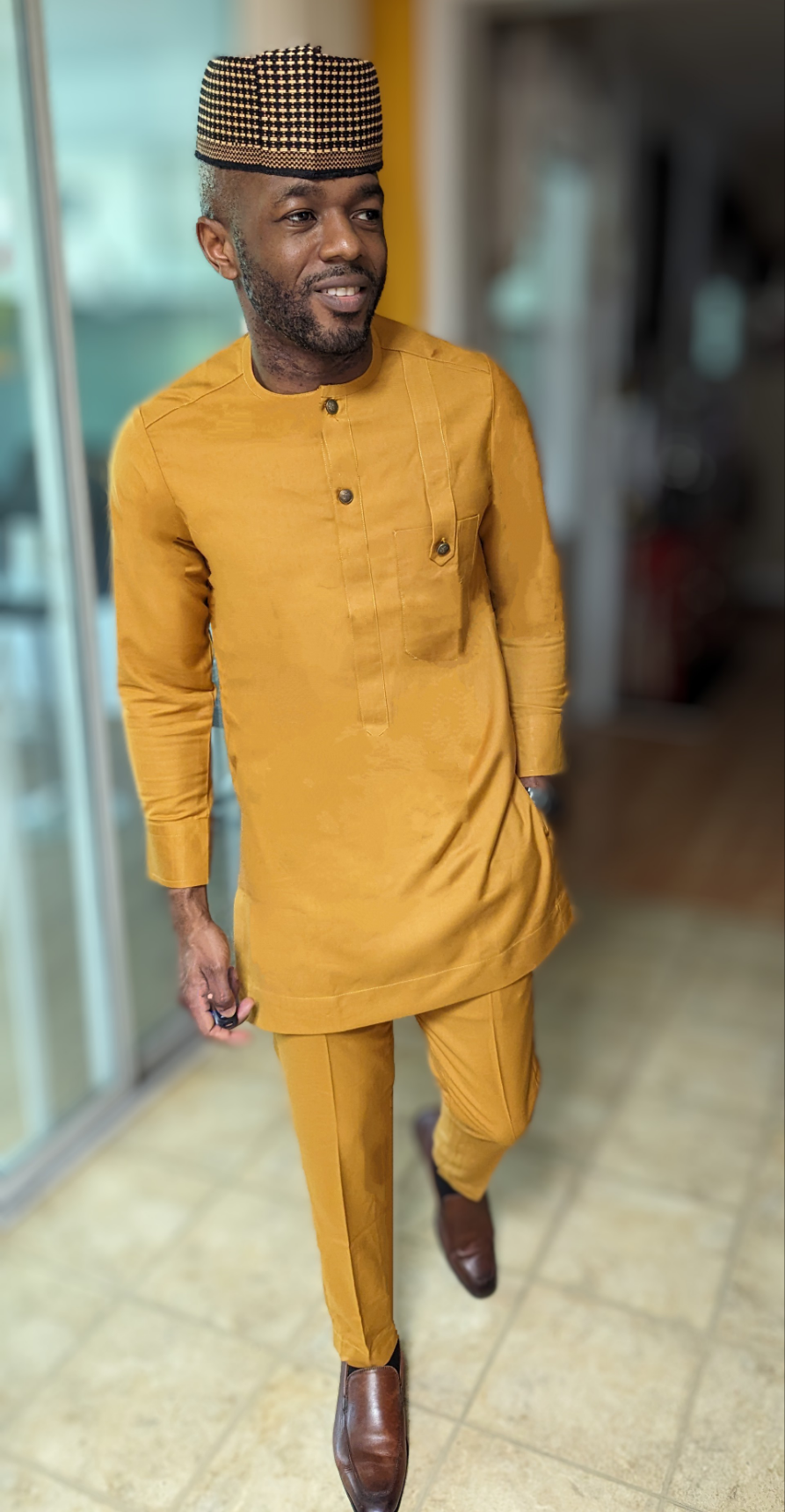 Premium Nigerian Senator Dashiki Suit Set for Men - Uturu Gold African Print Outfit | Traditional & Formal Wear for Weddings, Parties & Cultural Events (DPXSAGS22)