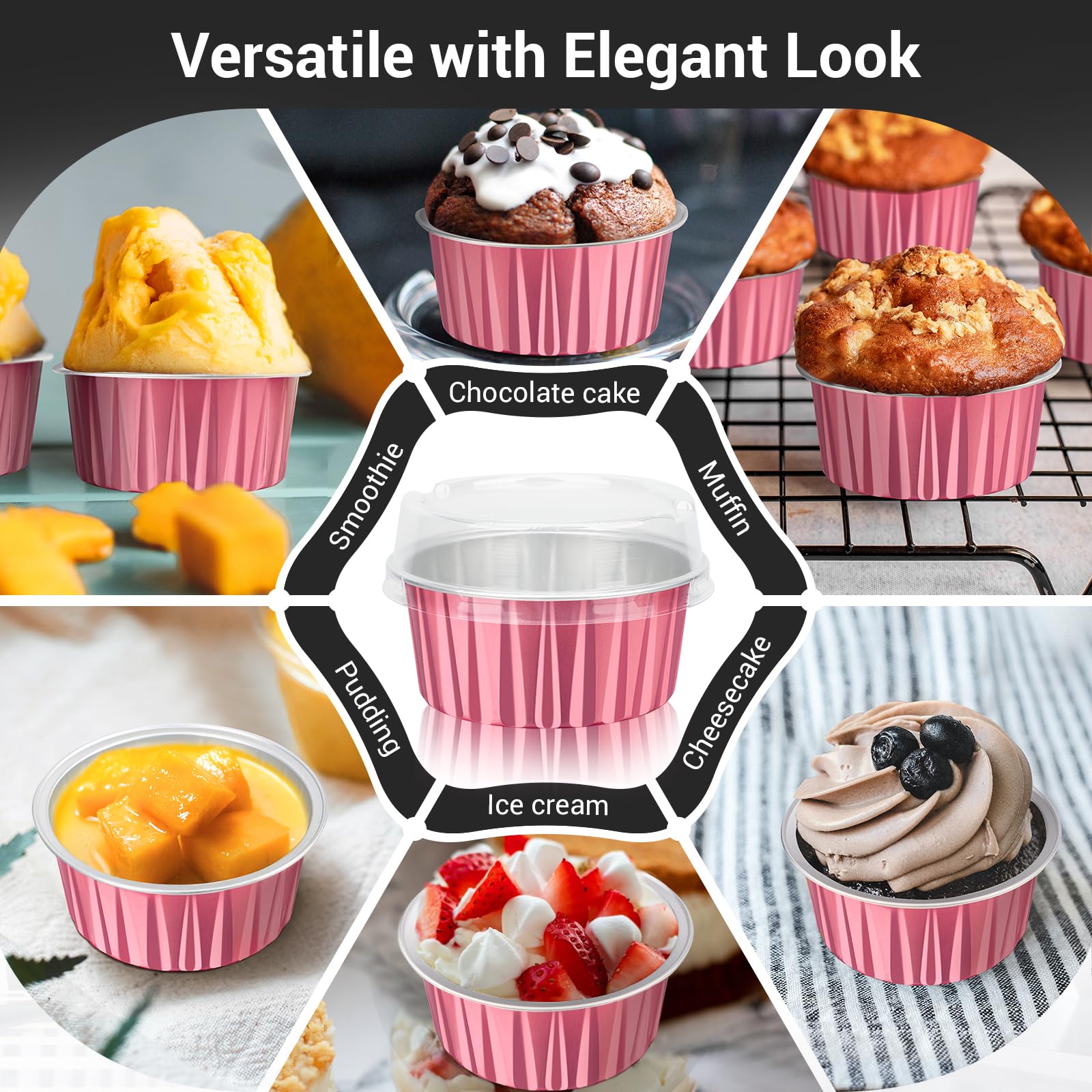 EUSOAR 30-Pack 5oz Disposable Aluminum Baking Cups with Lids - Reusable Foil Muffin Liners, Mini Pie Pans for Cupcakes, Creme Brulee & Desserts - Perfect for Home Baking, Parties & Catering