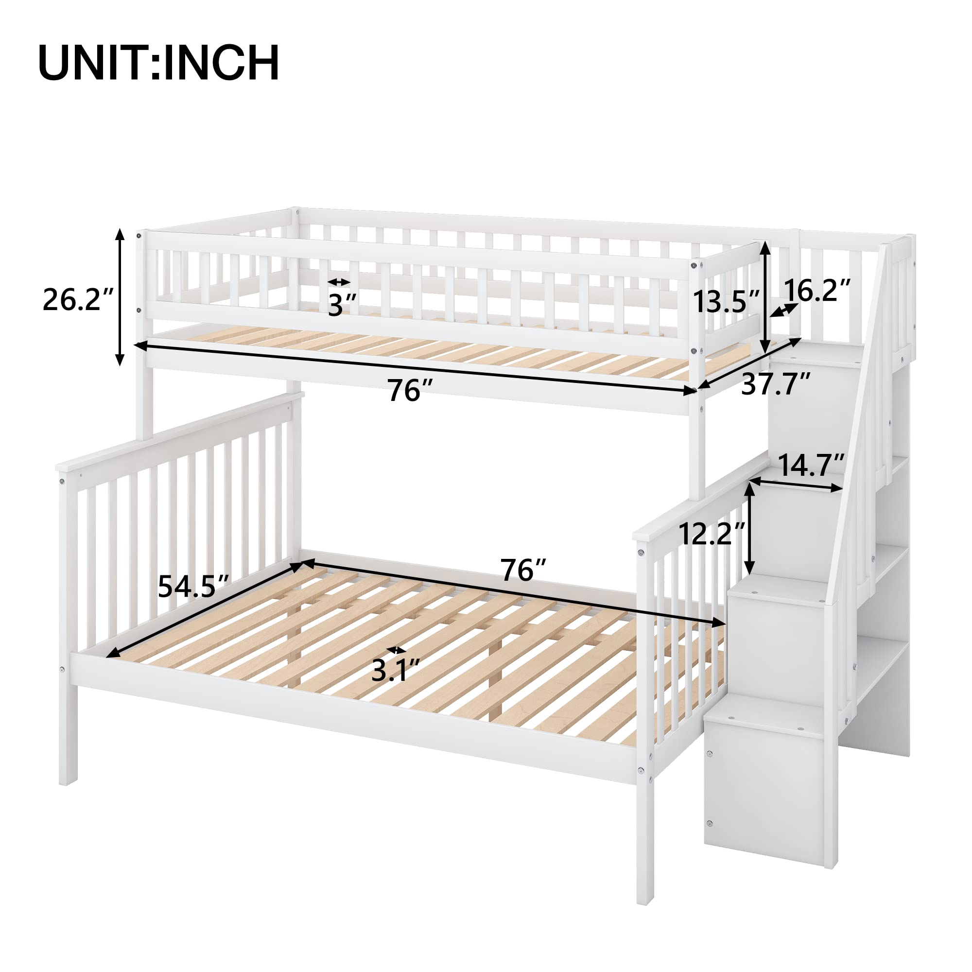 Harper & Bright Designs Twin Over Full Bunk Bed with Stairs - Solid Wood Bunk Bed Frame with Storage Shelves & Guardrails, No Box Spring Needed (White) - Perfect for Kids' Bedroom, Guest Room & Space-Saving Solutions