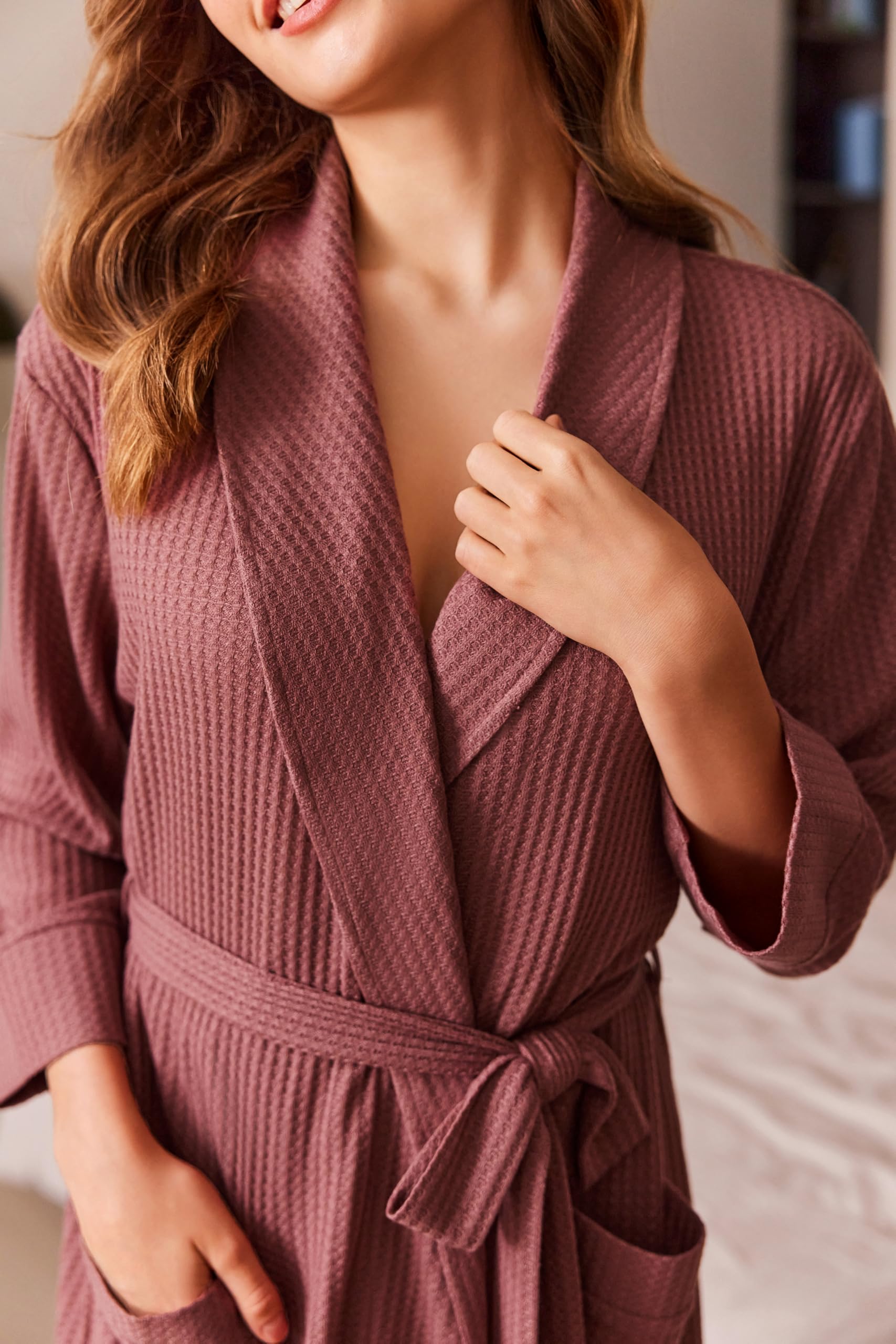 Ekouaer Women's Long Waffle Knit Bathrobe - Lightweight Kimono Style Spa Robe with Shawl Collar & Pockets (Sizes S-XXL) | Perfect for Home, Spa, Hotel & Relaxation