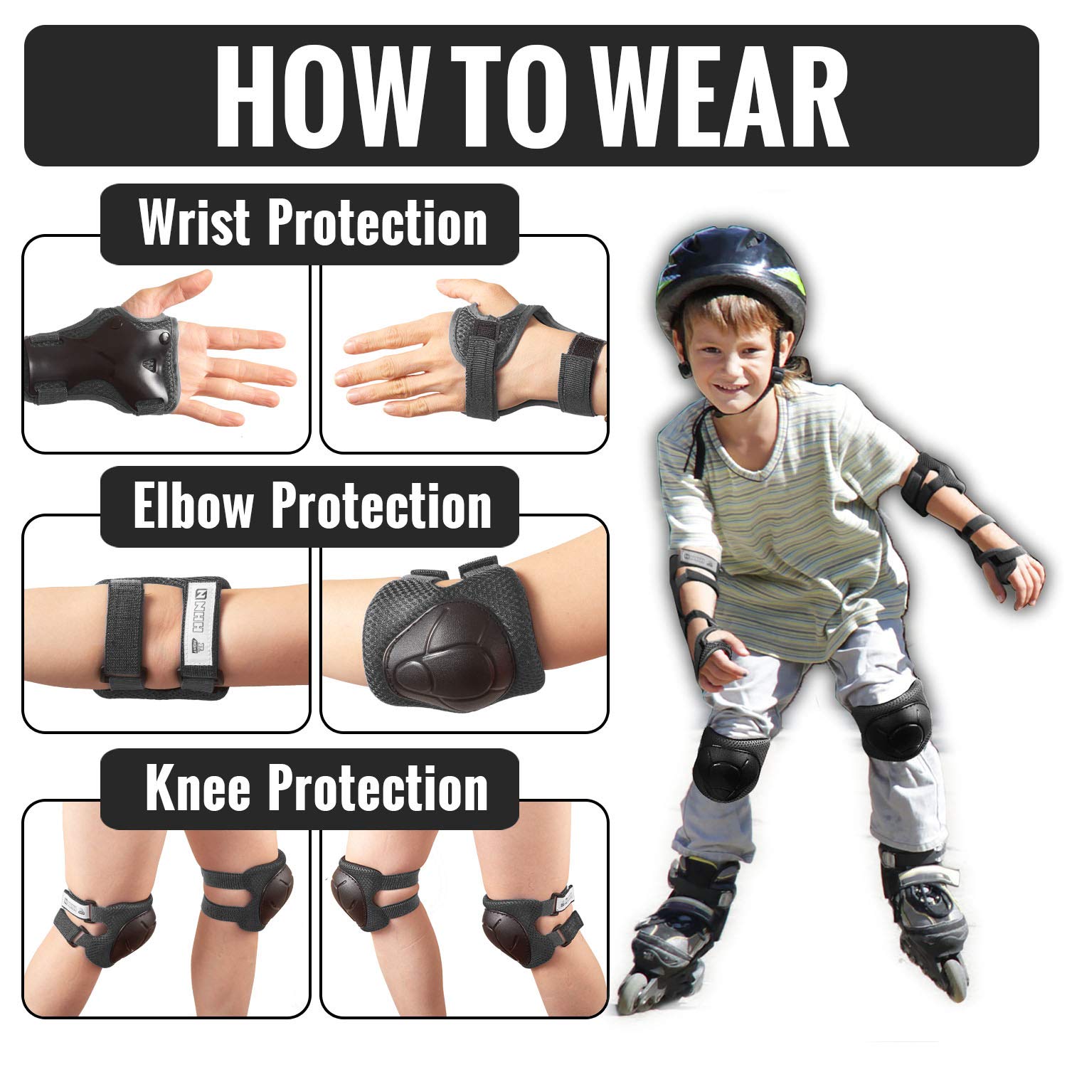 NHH Kids Knee Pads Set - 6-in-1 Protective Gear for Boys & Girls Ages 3-8 | Knee, Elbow & Wrist Guards | Small Size Charcoal Black | Perfect for Skateboarding, Roller Skating & Cycling Safety