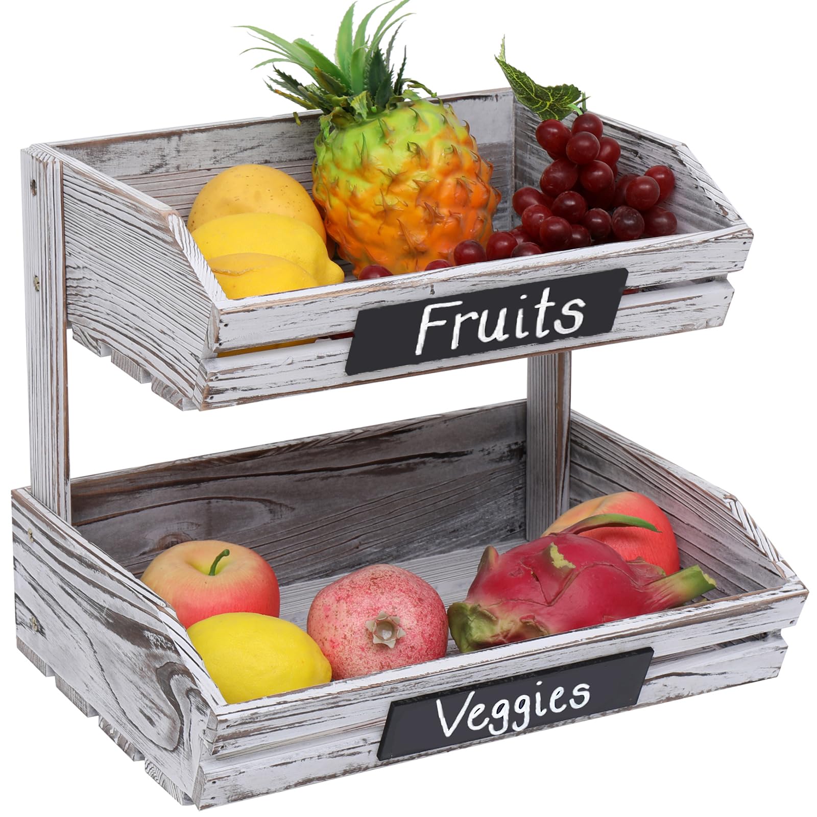 Farmhouse 2-Tier Wooden Hanging Fruit Basket - Kitchen Storage Organizer for Fruits, Vegetables & Essentials | Rustic Standing Rack for Kitchen, Dining Room, Office & Guest Room (Assembly Required) | Perfect for Farmhouse Decor, Pantry Organization & Fresh Produce Display