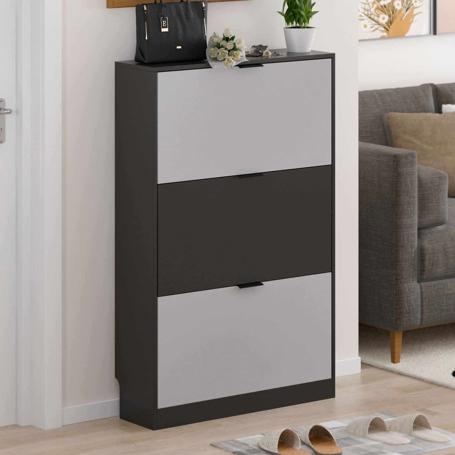 Modern Shoe Cabinet with 3 Flip Drawers - Adjustable Wood Organizer for Entryway & Hallway - Home Storage Solution