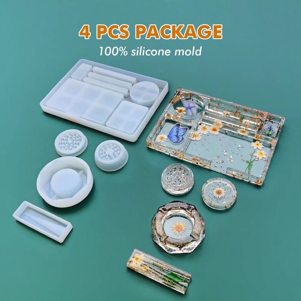 5 PCS Large Silicone Resin Tray Molds & Grinder Mold Set - DIY Epoxy Resin Craft Kit for Grinding, Storage & Art Projects - Perfect for Jewelry Making, Home Decor & Resin Art Creations