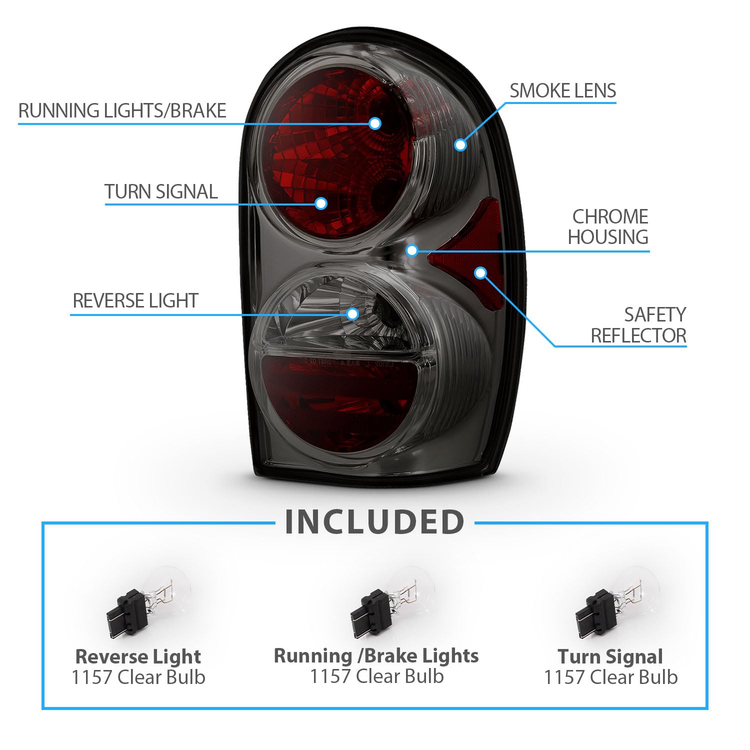 AmeriLite Replacement Smoke Brake Tail Lights Set for 2002-2007 Jeep Liberty SUV - Left & Right Side (Driver & Passenger) - Durable & Stylish Upgrade for Off-Roading & Night Driving