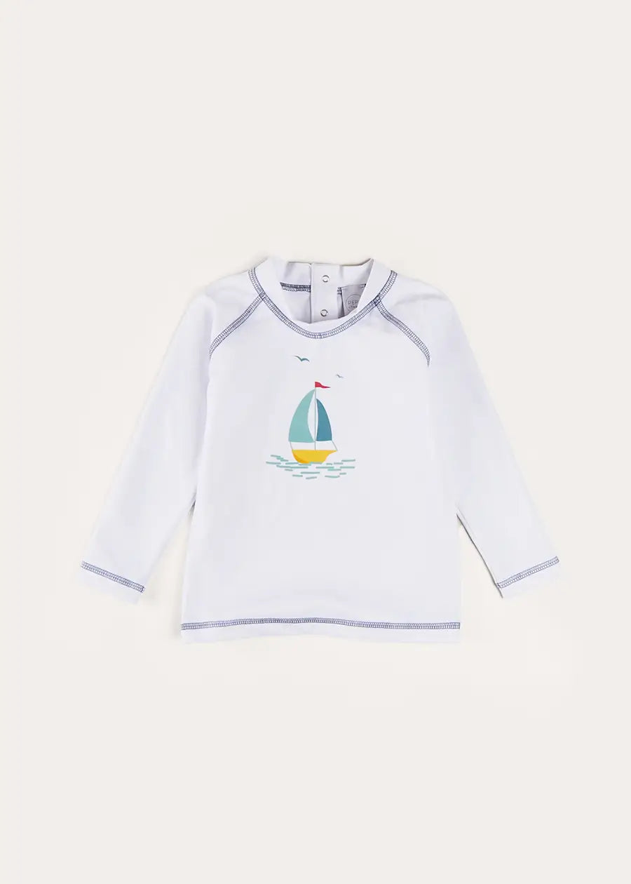 Blue Boat Motif Long Sleeve Rashguard for Kids 2-6 Years - UV Protection Swim Shirt for Beach, Pool & Water Sports