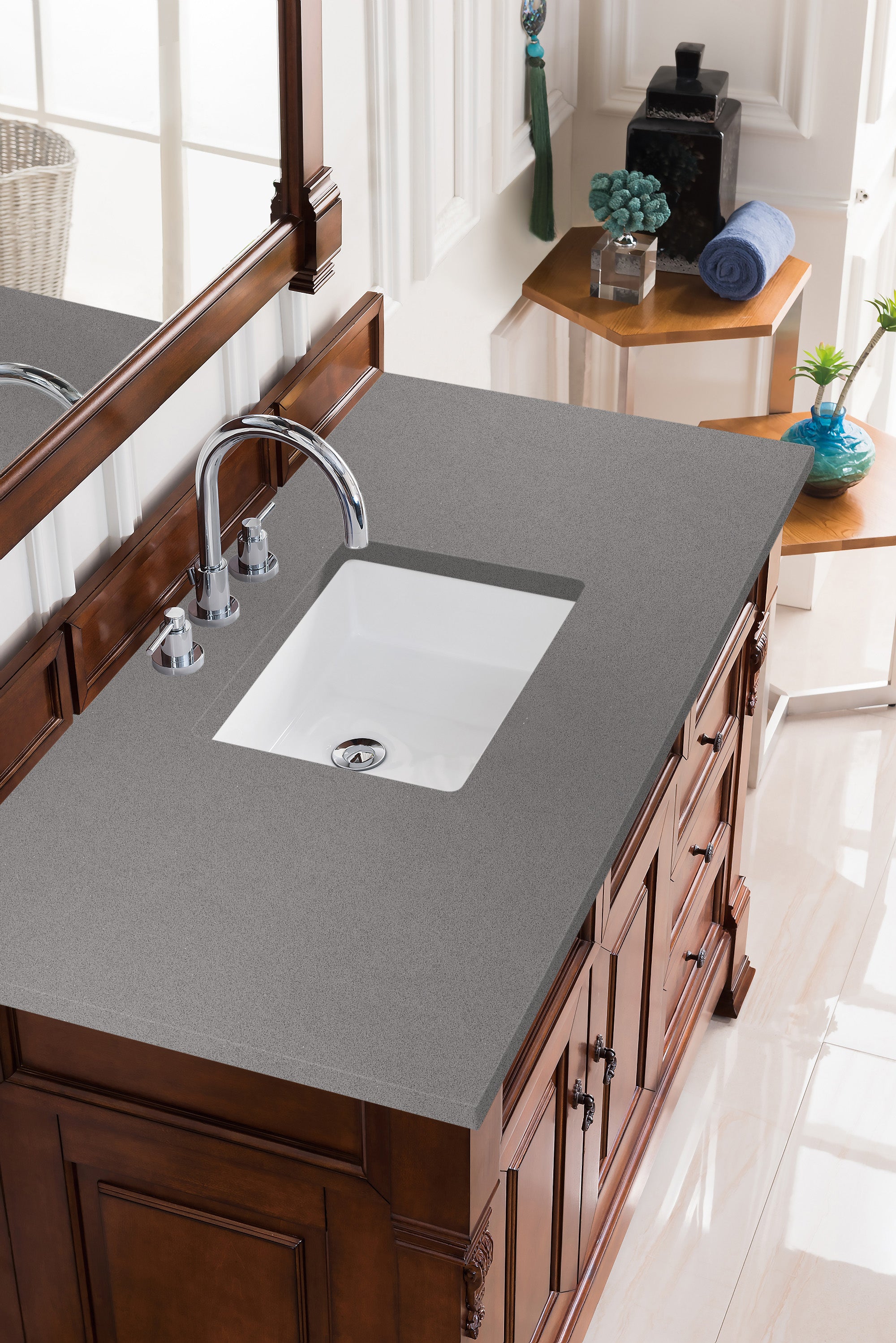 Brookfield 48-Inch Single Bathroom Vanity with Warm Cherry Finish & 3CM Gray Expo Quartz Countertop – Perfect for Modern Home Bathroom Remodeling