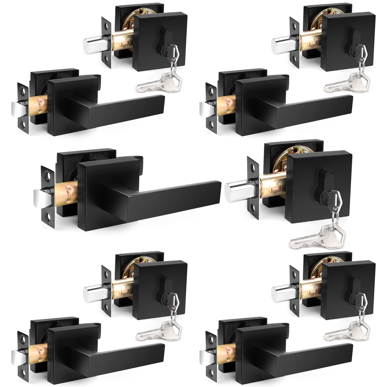 Probrico 5-Pack Flat Black Modern Square Exterior Door Lever Handleset with Single Cylinder Deadbolts Combo - Secure Entry Door Lock Set for Home, Office & Commercial Buildings | Ideal for Front Doors, Back Doors & Side Entrances