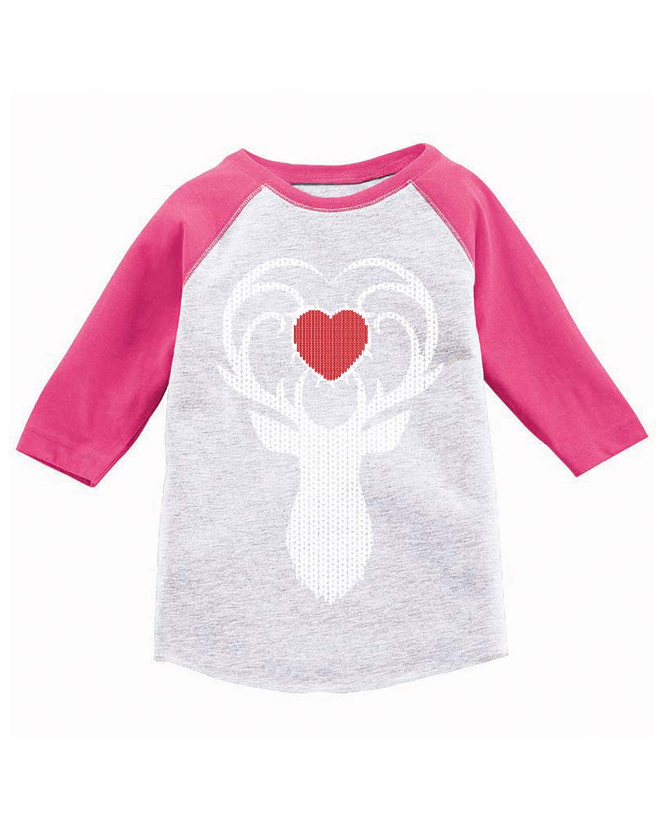 Awkward Styles Ugly Christmas T-Shirt for Girls & Boys - White Deer Xmas Heart Print Toddler Raglan Tee | Fun Holiday Party Outfit & Family Matching Christmas Pajamas