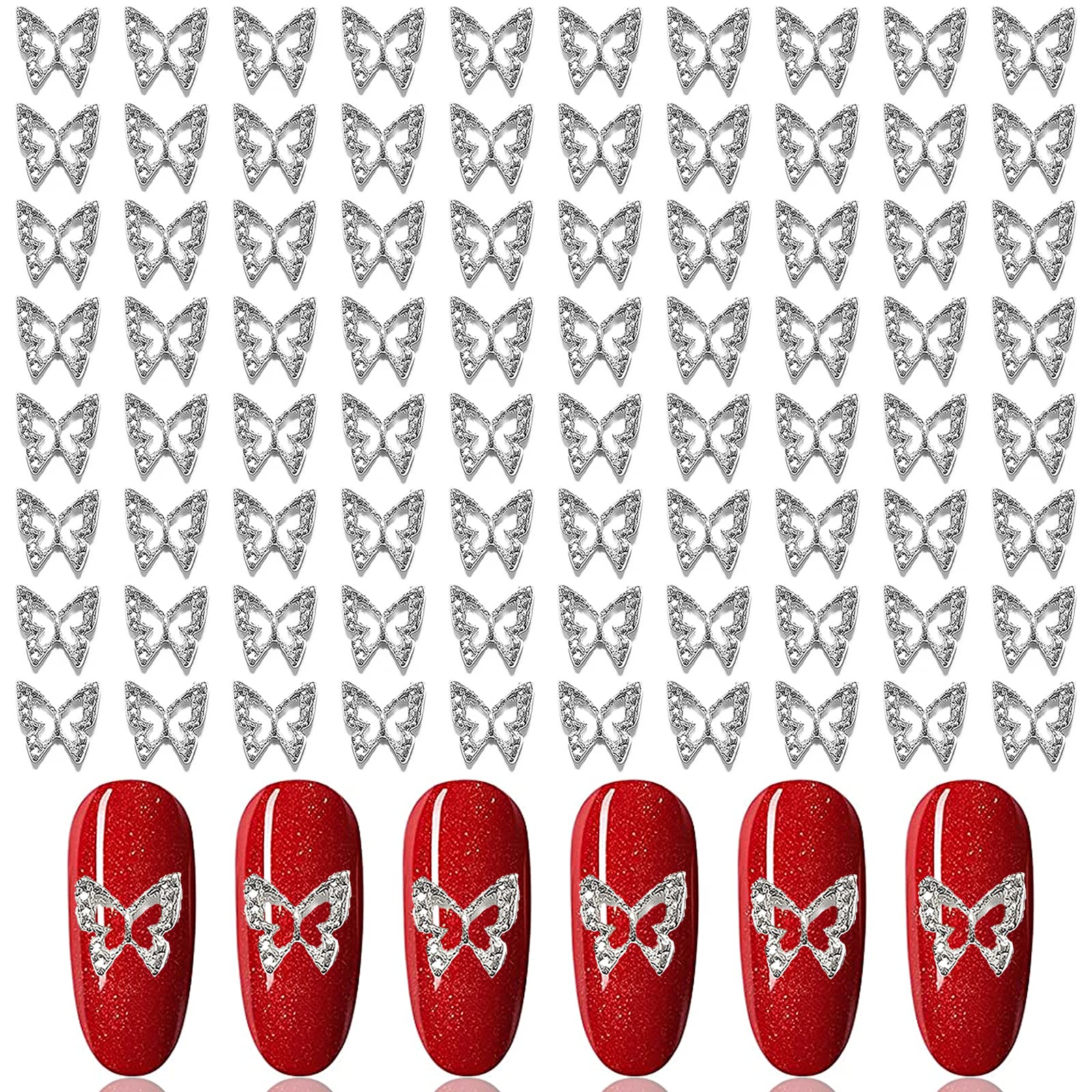 JERCLITY 100Pcs 3D Silver Butterfly Nail Charms - Metal Nail Art Decorations for Acrylic Nails, Manicure, Gel Polish & DIY Nail Designs - Perfect for Parties, Weddings, and Special Occasions