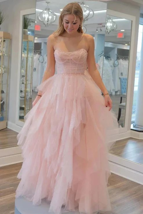 Light Pink A-Line Long Prom Dresses Strapless Tulle Ball Gown for Birthday Party, Homecoming, Quinceañera, and Formal Events - Style J4260