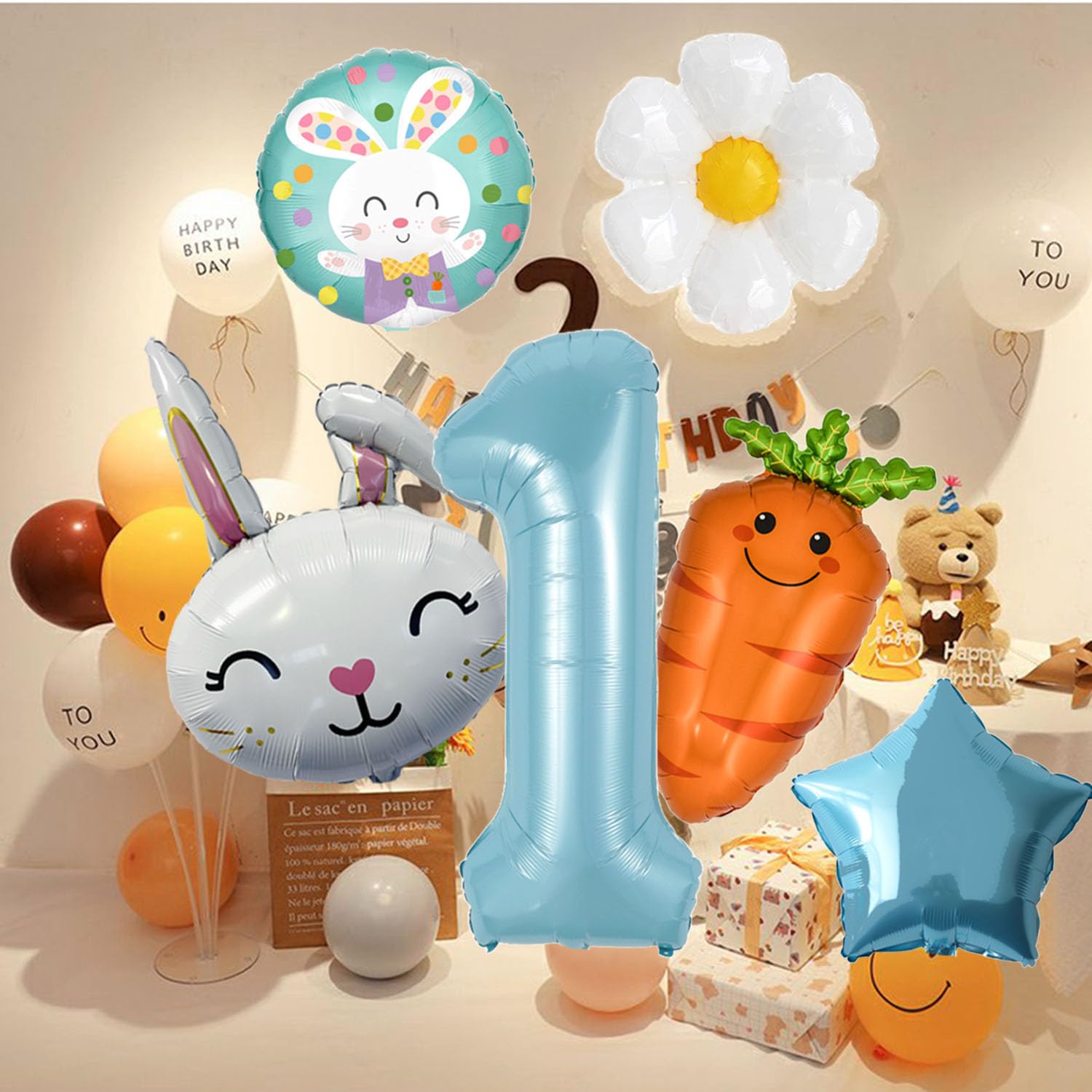 1st Birthday Bunny Balloons Set - 6Pcs Blue Rabbit Head, Carrot & Daisy Balloons for Girls Baby Shower Decorations, Birthday Party Supplies - Perfect for 1st Birthday Parties, Baby Showers & Spring Celebrations