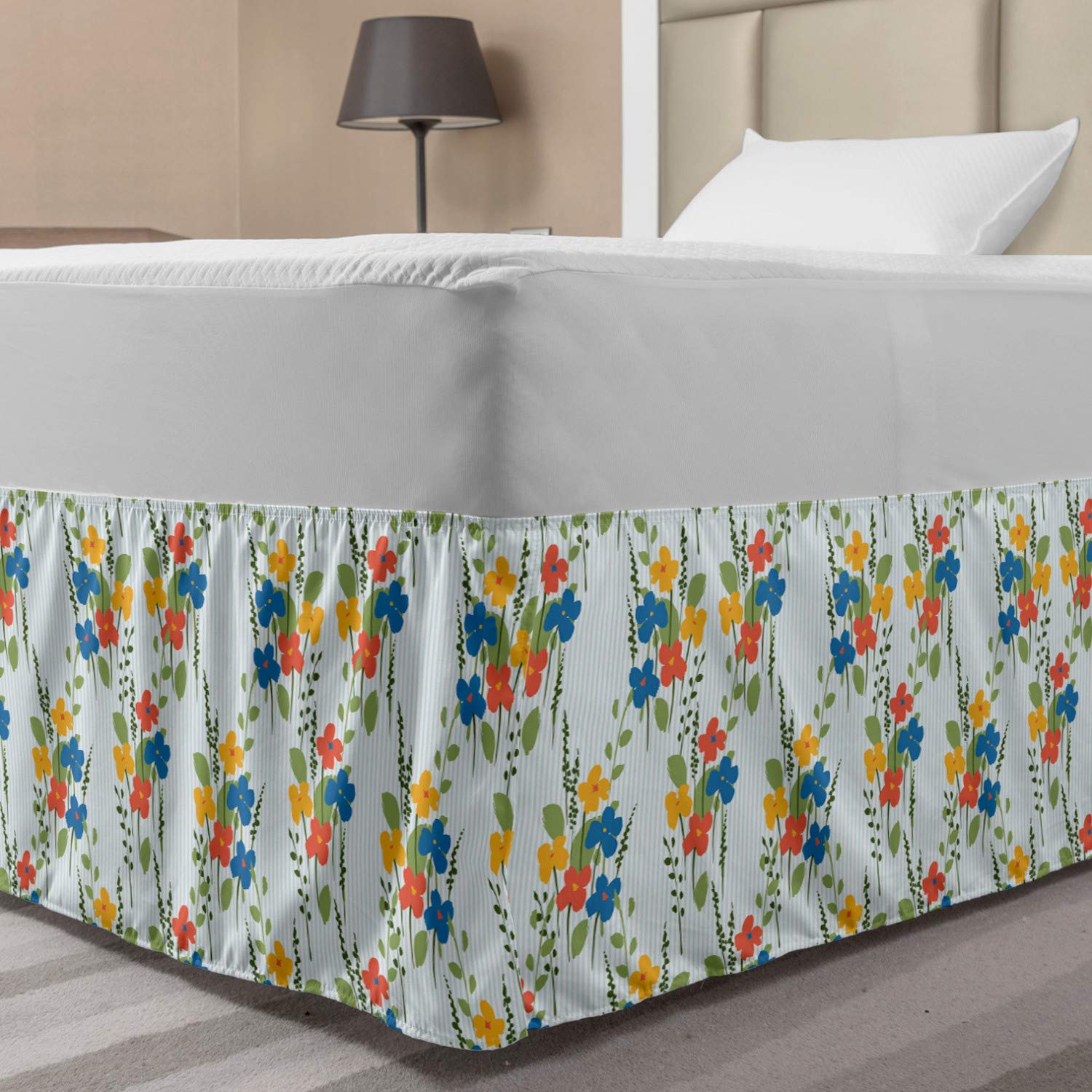 Ambesonne Floral Bed Skirt - Fresh Flowers on Pastel Stripes, Wrap Around Elastic Gathered Bedskirt for Twin/Twin XL Beds | Soft Multicolor Bedroom Decor for Modern & Vintage Home Styles