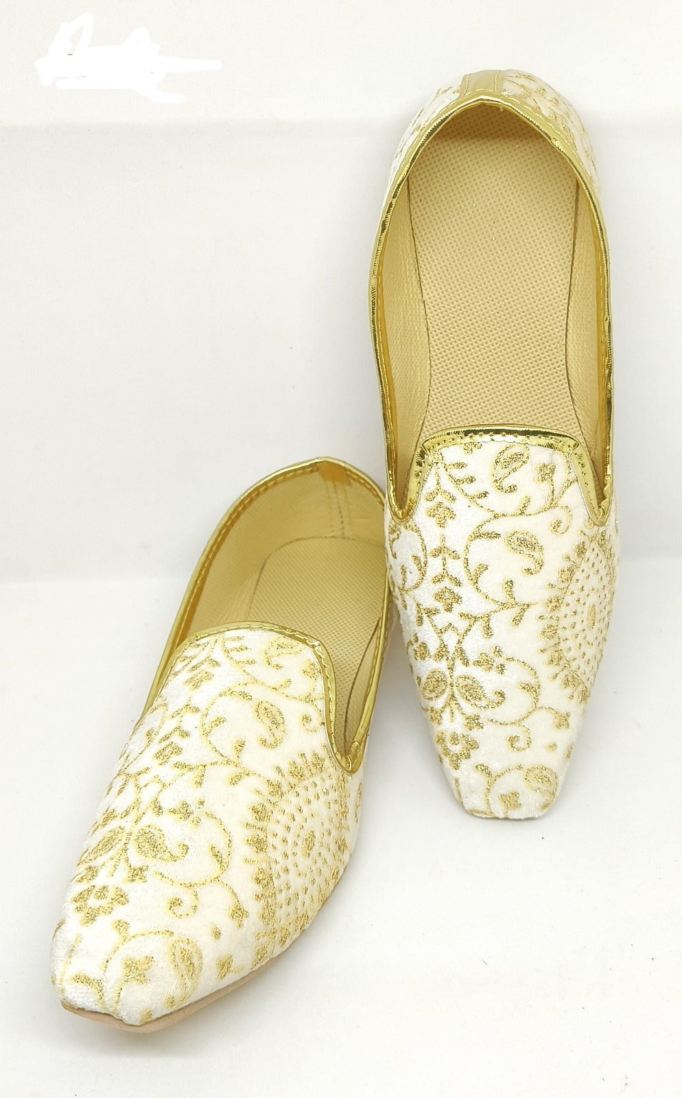 Traditional White Cream Velvet Jaal Print Men's Mojari Shoes - Handcrafted Indian Ethnic Footwear for Weddings, Festivals & Cultural Events