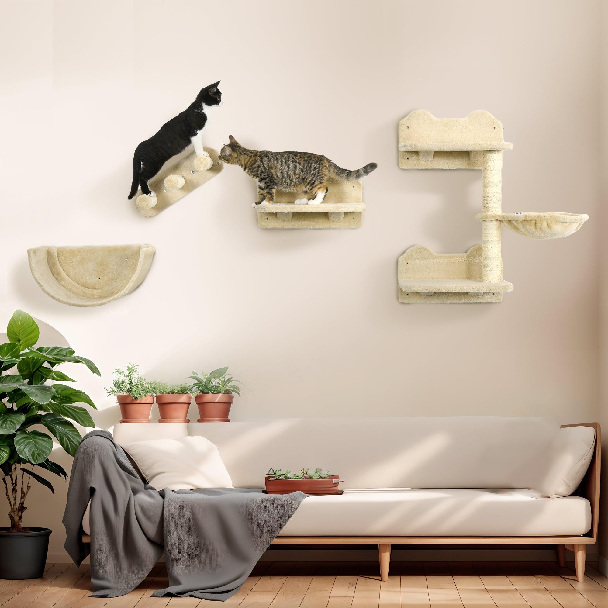 4-Piece Cat Wall Shelves Set with Hammock, Steps, Perches & Scratching Post - Multi-Level Climbing Furniture for Cats to Sleep, Play & Lounge - Beige Home Decor for Pet Lovers