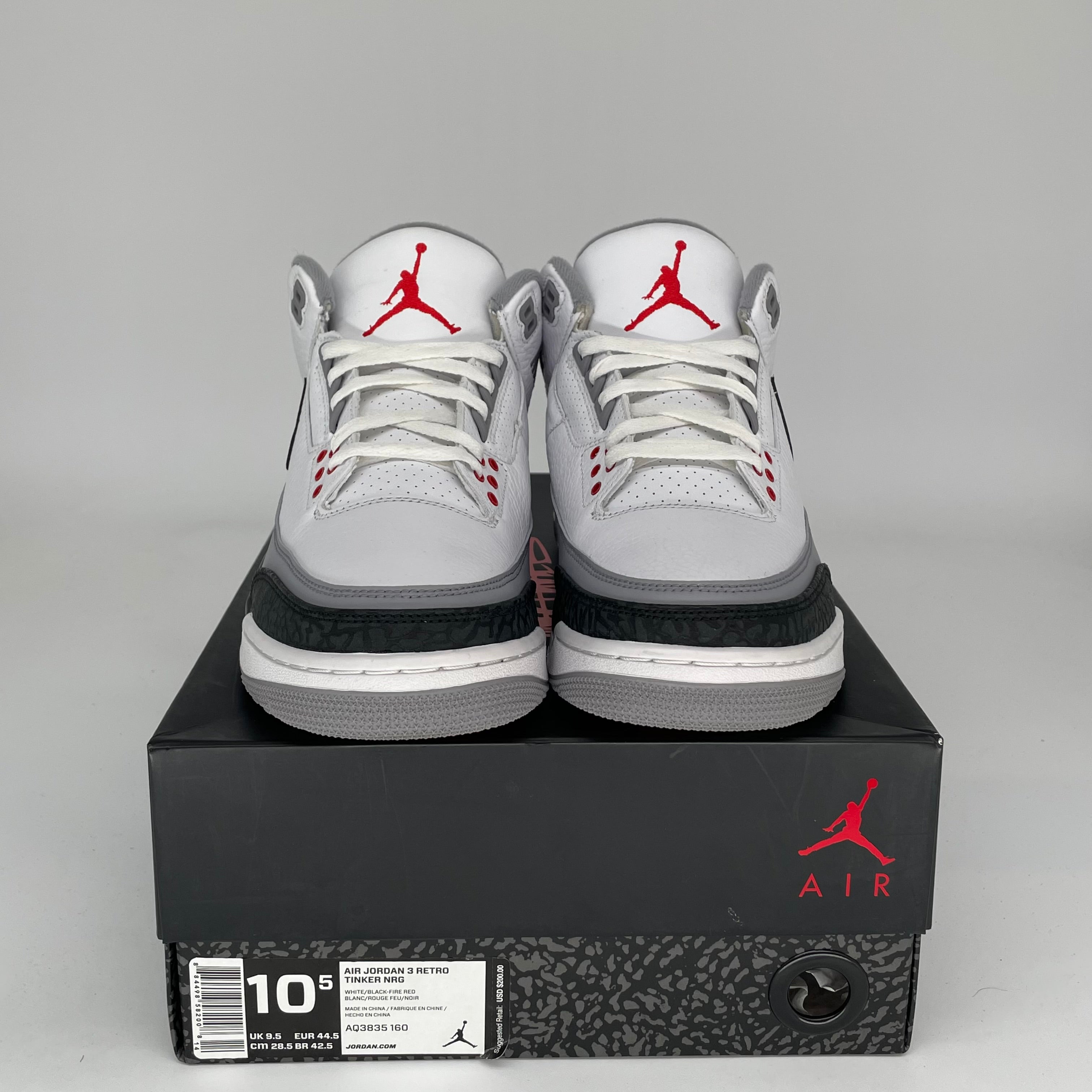 AIR JORDAN 3 TINKER HATFIELD Men's Basketball Shoes Size 10.5 White/Fire Red-Cement Grey AQ3835-160 - Perfect for Streetwear, Sneaker Collecting & Basketball Games