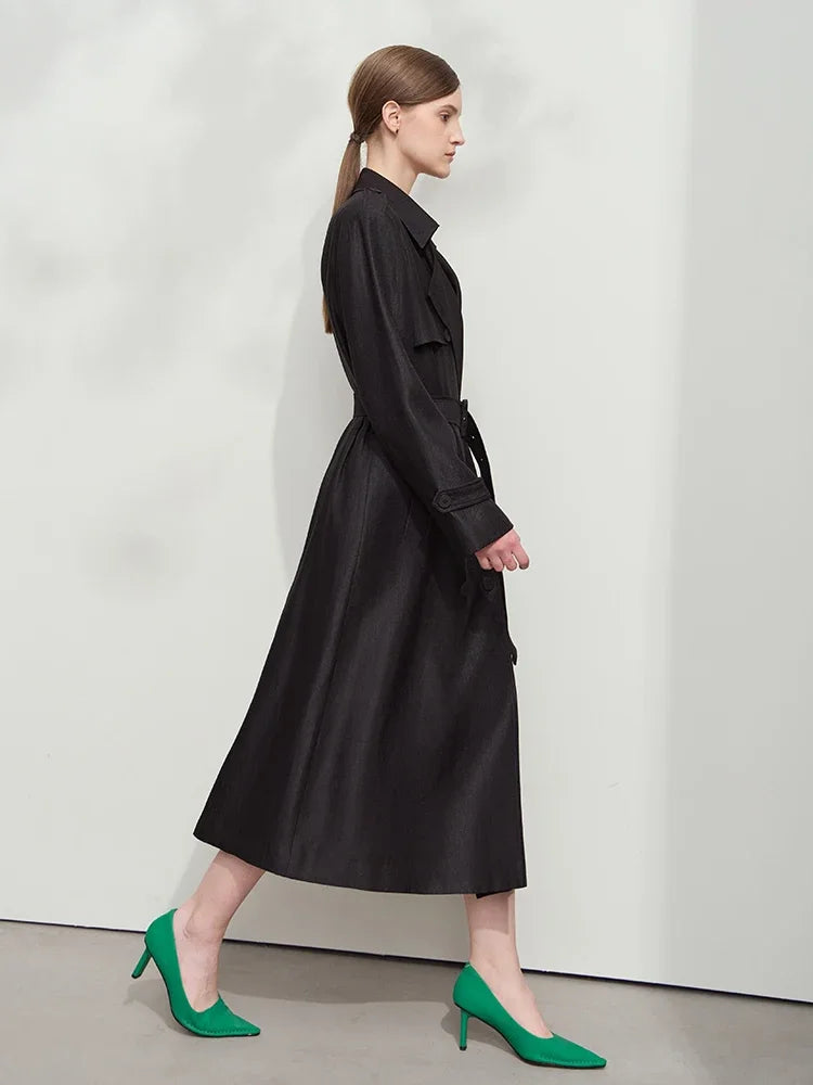 Minimalist Wide Waist Trench Coat for Women - 2025 Spring Summer Fashion Long Double Breasted Overcoat with Turn Down Collar | Office Wear, Business Casual, Spring Outerwear