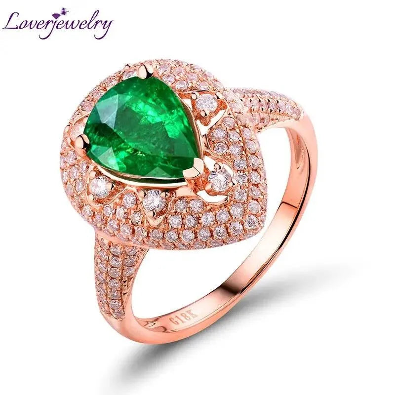 18K Rose Gold Emerald Ring for Women - 1.68ct Pear Cut Real Green Gemstone with SI Diamonds - Elegant Engagement & Wedding Jewelry - Perfect for Christmas Gifts, Anniversary & Special Occasions