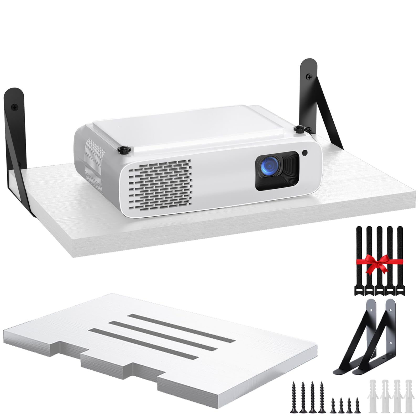 **White Floating Wall Mount Shelf for Projector, Modem, Router & Cable Box - Includes Cable Ties - Perfect for Home Theater, Office & Gaming Setup**