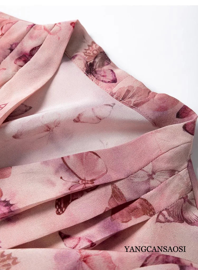 French Artistic Pink Purple Butterfly Print 1.2m Extended Hem 100% Mulberry Silk Women's Dress - Elegant Evening Gown for Weddings, Parties & Special Occasions