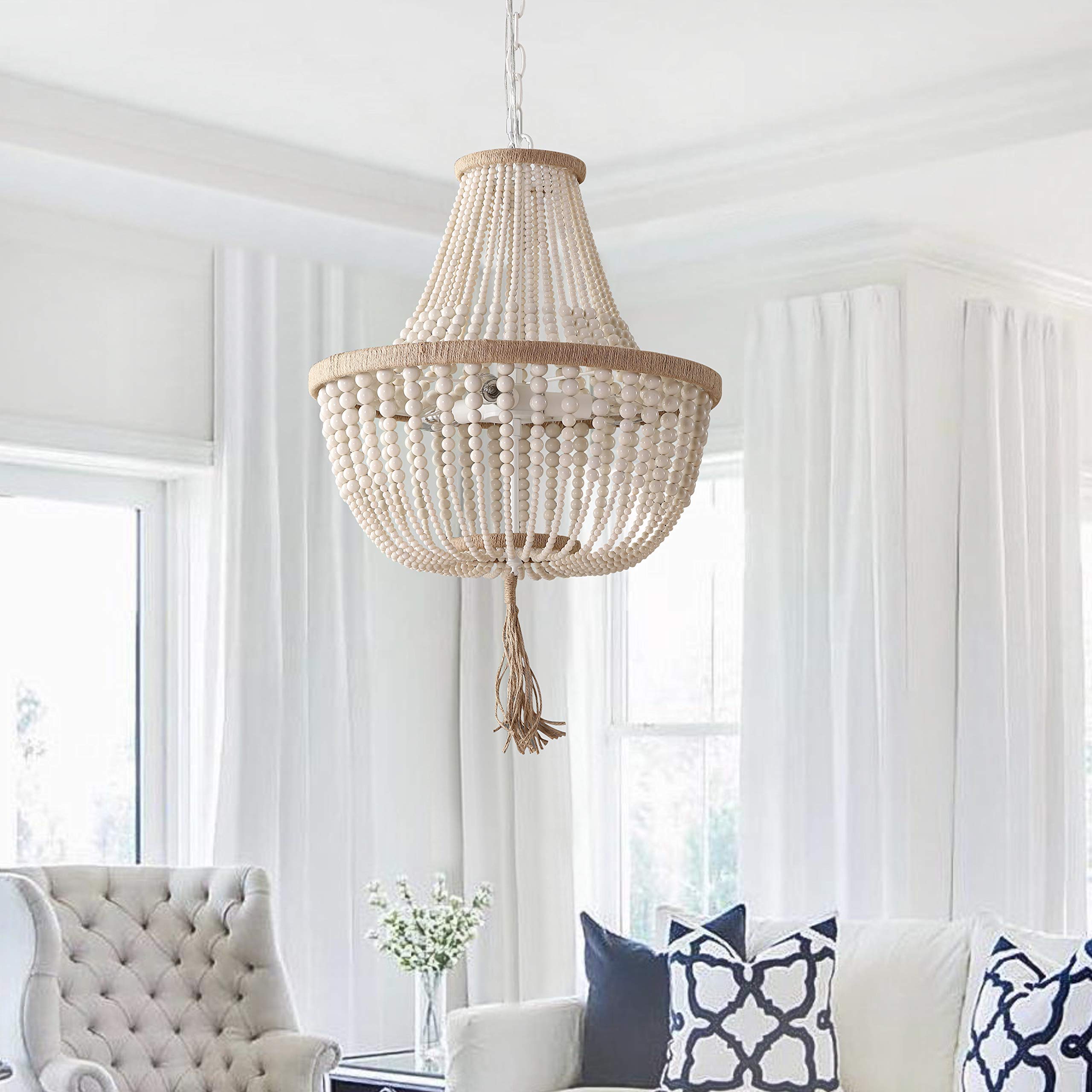 SAFAVIEH Lush Kristi Boho Farmhouse 17-inch 3-Light Adjustable Hanging Pendant Light with Beaded Tassel - Cream (LED Bulbs Included) | Perfect for Dining Room, Kitchen Island & Bedroom Lighting