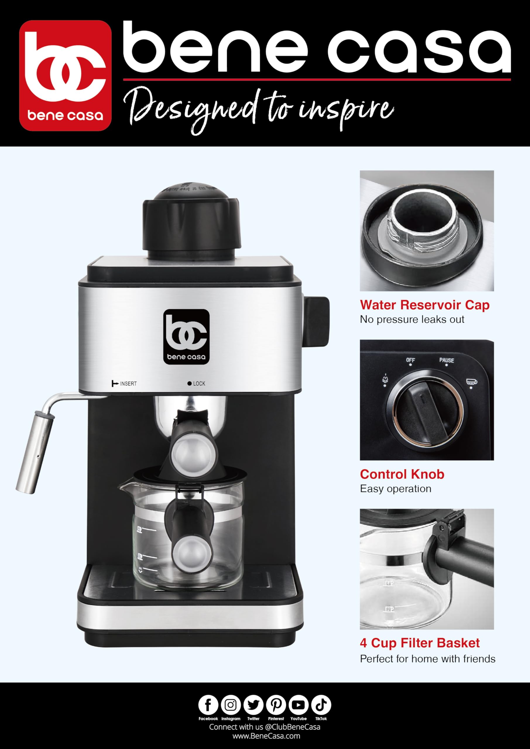 Bene Casa BC-99189 4-Cup Stovetop Espresso Maker - Perfect for Home, Office & Camping Coffee Brewing