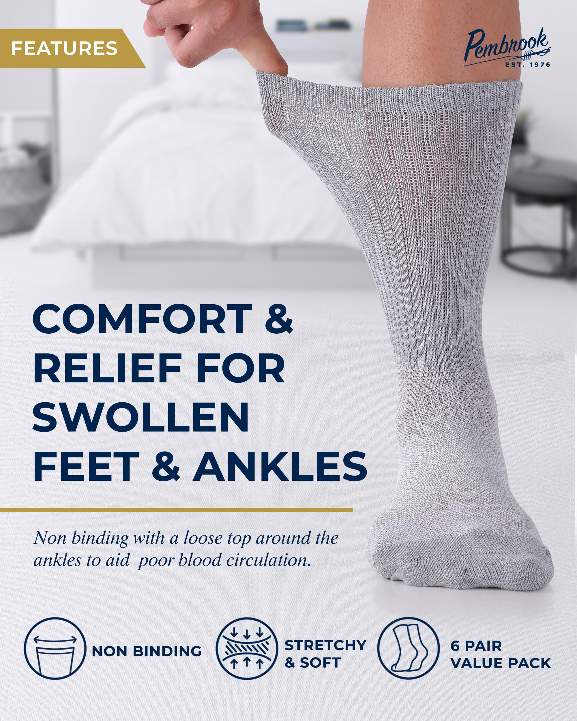 Pembrook 6 Pairs Diabetic Socks with Non-Slip Grippers for Men & Women - 12 Colors Neuropathy & Edema Relief Socks for Circulation - Perfect for Daily Wear, Travel & Medical Use