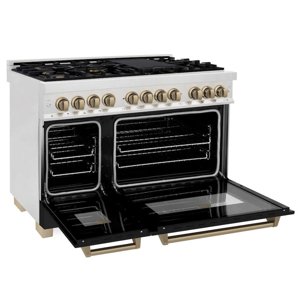ZLINE Autograph Edition 48-inch 6.0 cu. ft. Dual Fuel Range with 7-Burner Gas Cooktop & 2 Electric Ovens - Satin Stainless Steel, Black Matte Doors & Champagne Bronze Accents (RASZ BLM 48 CB) | Professional Kitchen Appliance for Home Chefs & Cooking Enthusiasts